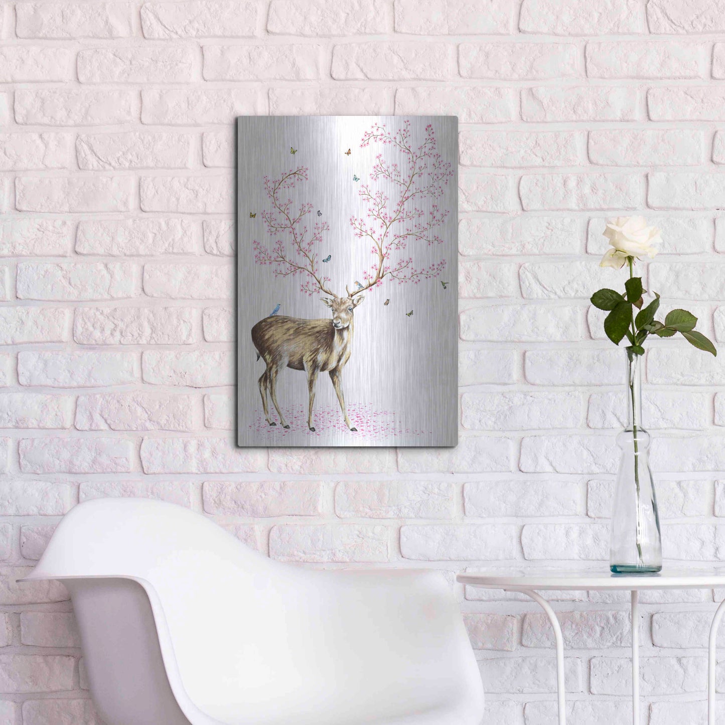Luxe Metal Art 'Cherry Blossom Deer' by Michelle Faber, Metal Wall Art,16x24