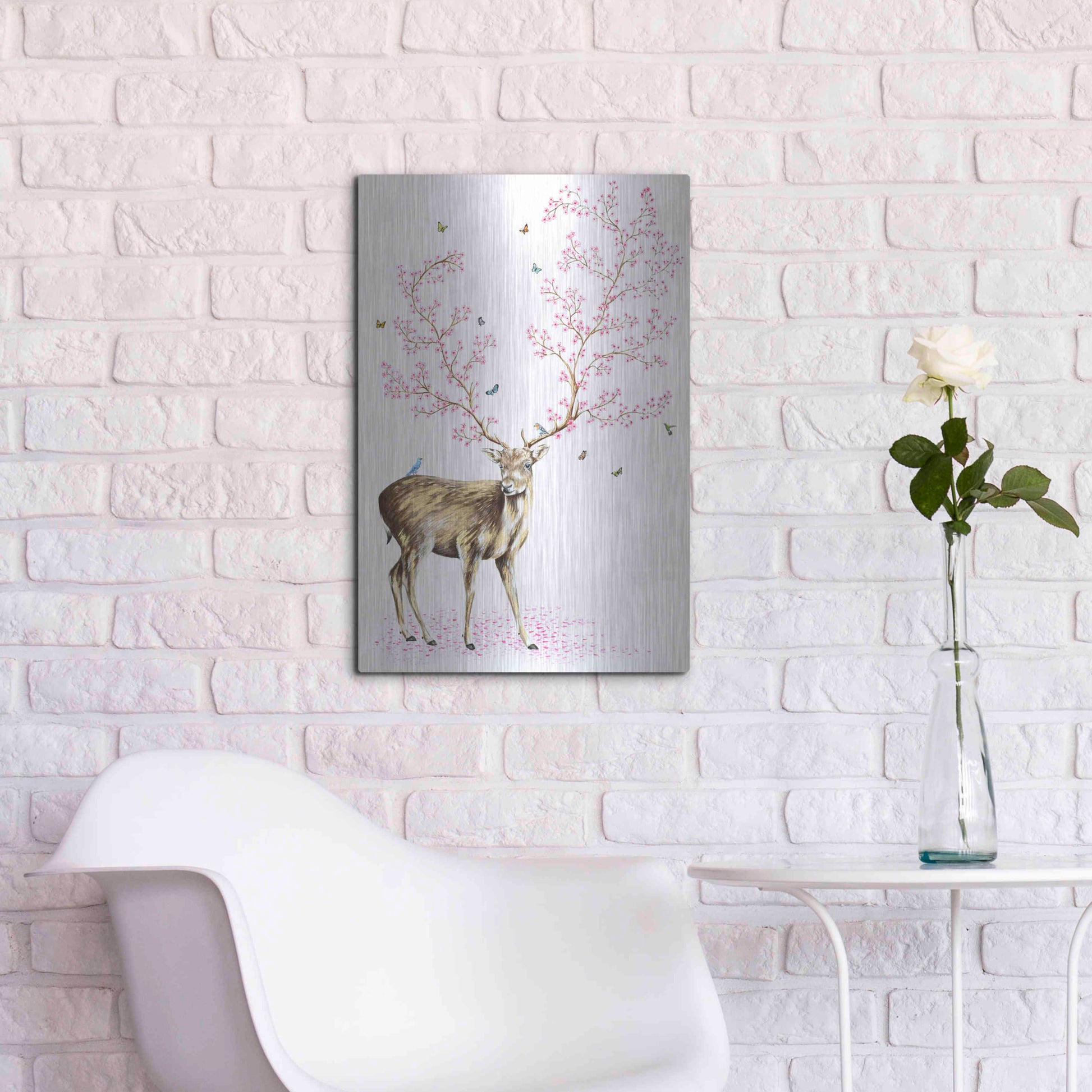 Luxe Metal Art 'Cherry Blossom Deer' by Michelle Faber, Metal Wall Art,16x24