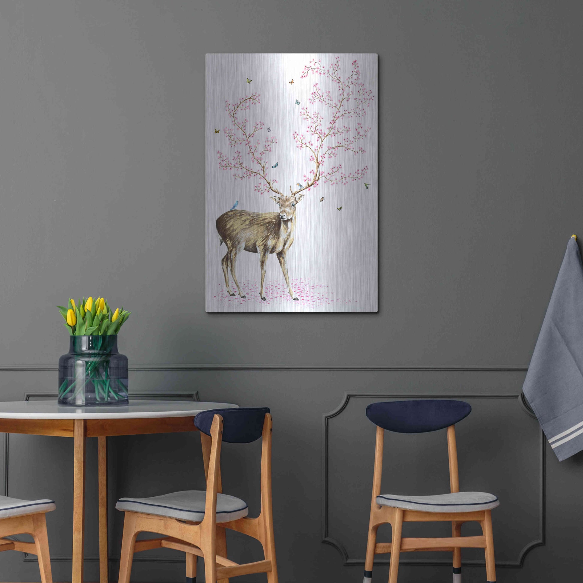 Luxe Metal Art 'Cherry Blossom Deer' by Michelle Faber, Metal Wall Art,24x36