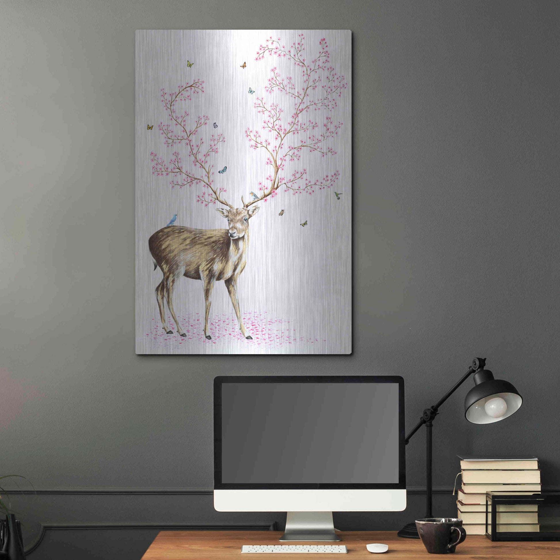 Luxe Metal Art 'Cherry Blossom Deer' by Michelle Faber, Metal Wall Art,24x36
