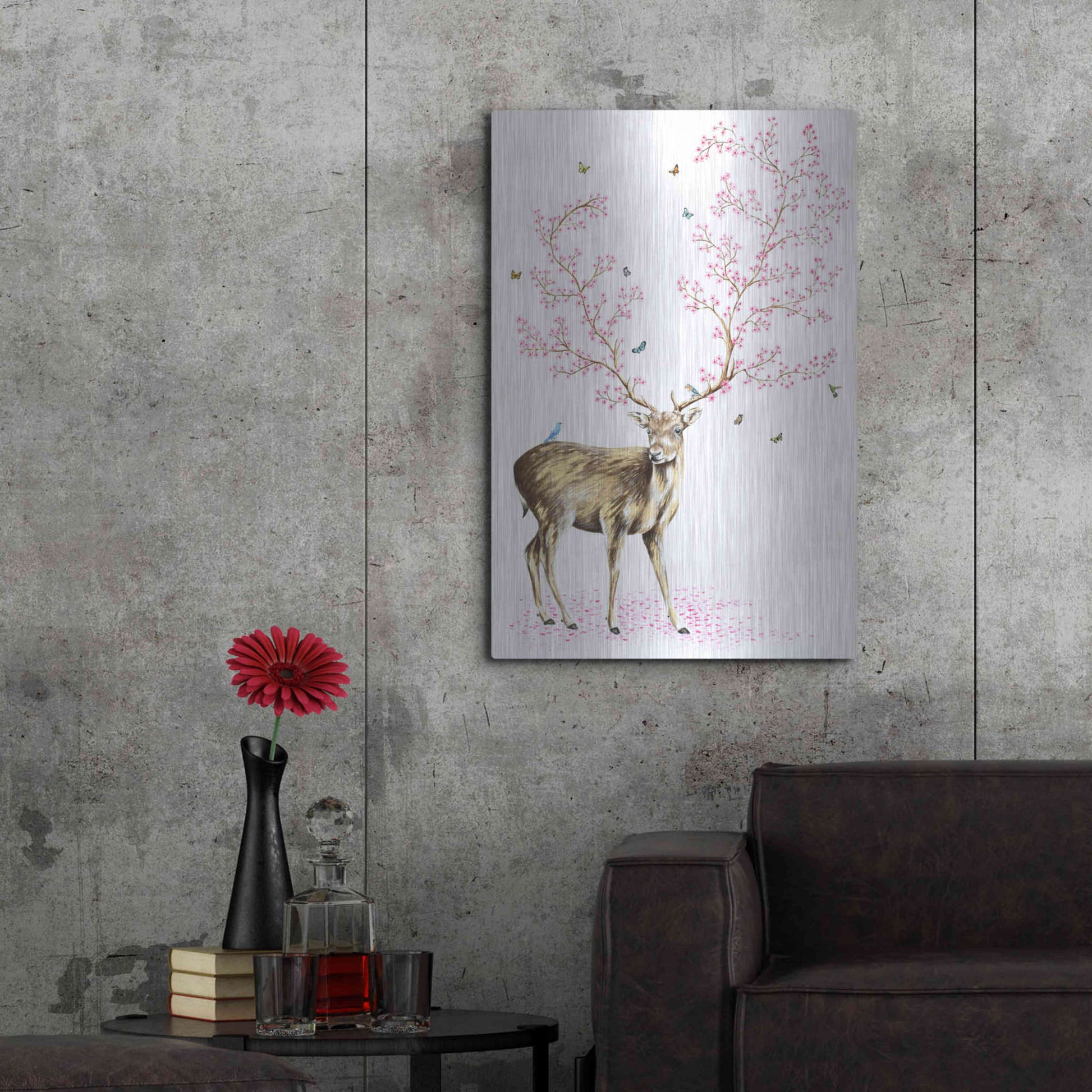 Luxe Metal Art 'Cherry Blossom Deer' by Michelle Faber, Metal Wall Art,24x36