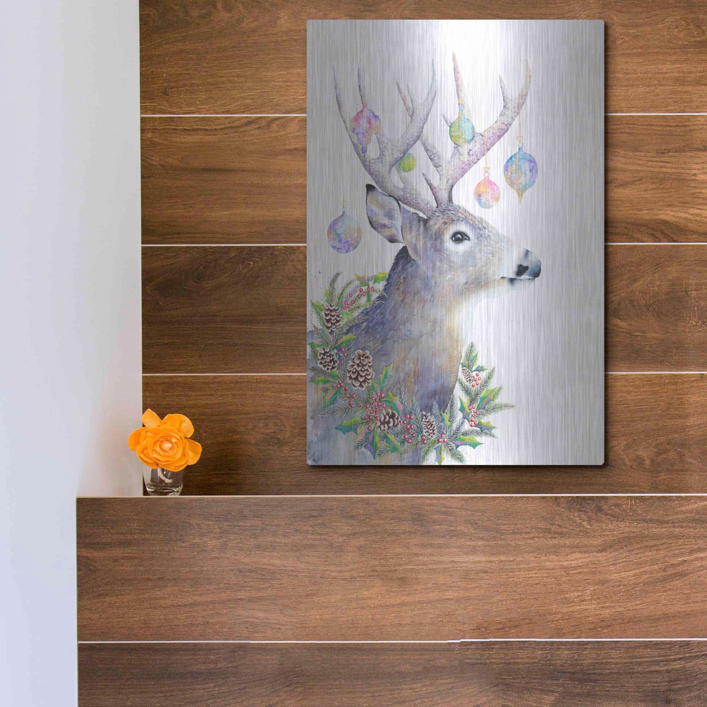 Luxe Metal Art 'Holiday Deer' by Michelle Faber, Metal Wall Art,12x16