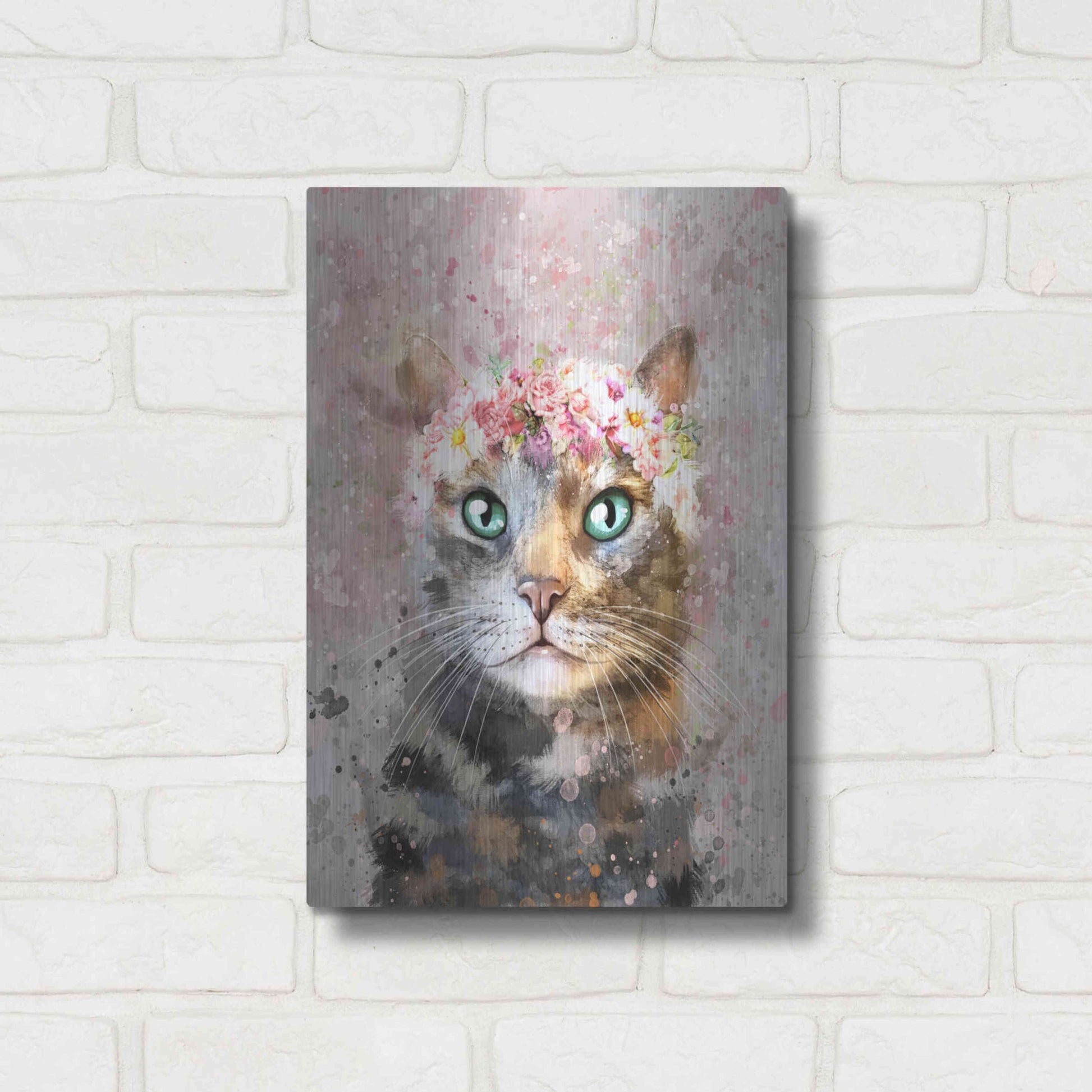 Luxe Metal Art 'Flower Crown Tabby Cat 3' by Furbaby Affiliates, Metal Wall Art,12x16