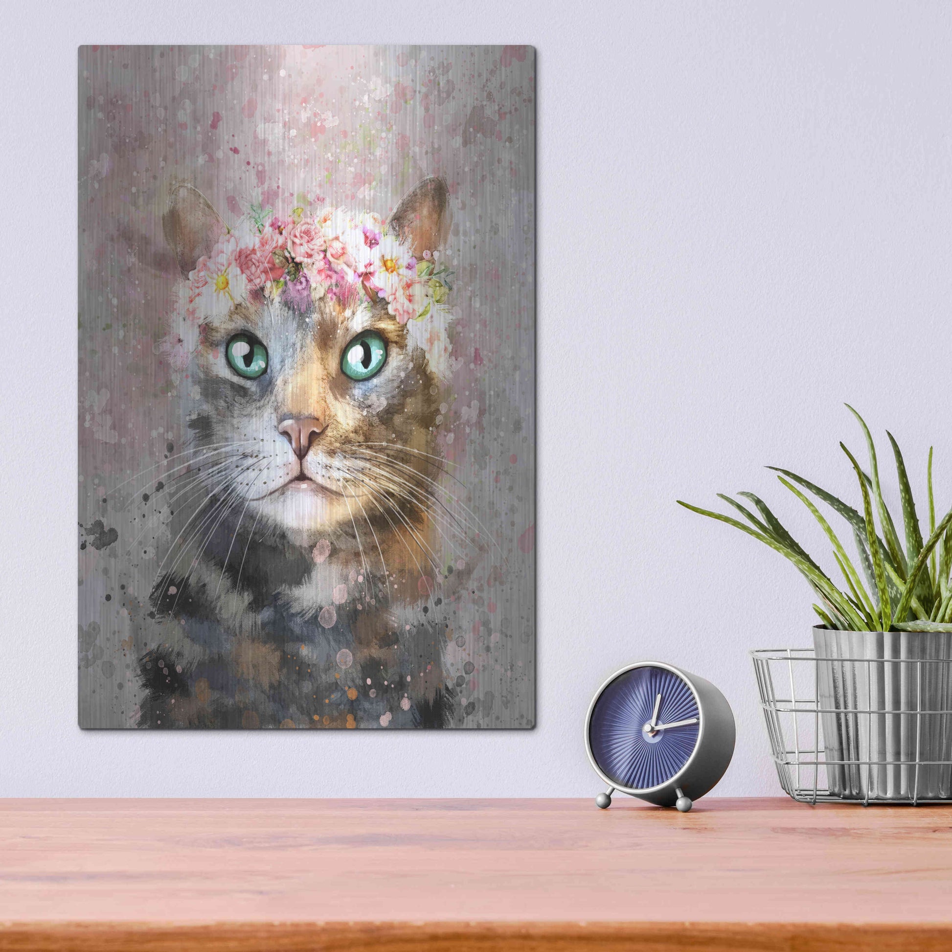 Luxe Metal Art 'Flower Crown Tabby Cat 3' by Furbaby Affiliates, Metal Wall Art,12x16