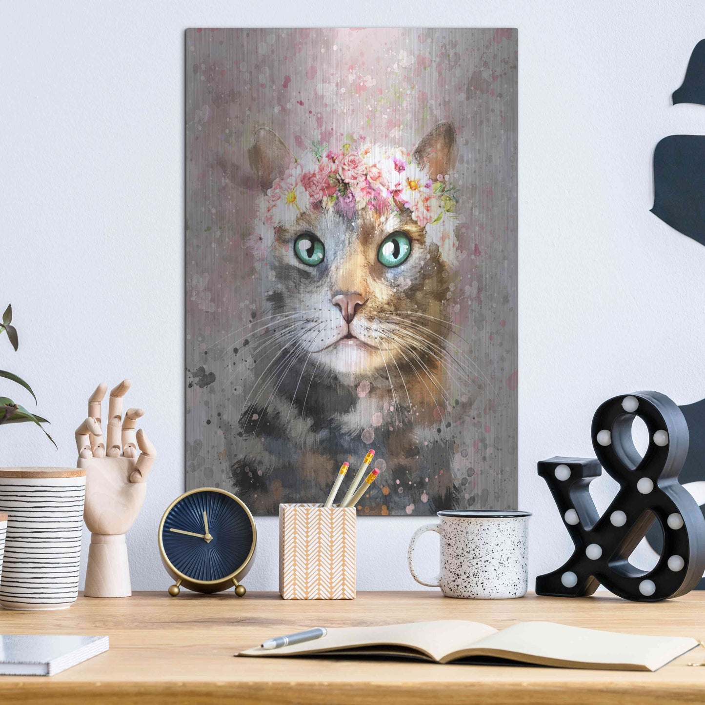 Luxe Metal Art 'Flower Crown Tabby Cat 3' by Furbaby Affiliates, Metal Wall Art,12x16