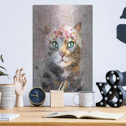 Luxe Metal Art 'Flower Crown Tabby Cat 3' by Furbaby Affiliates, Metal Wall Art,12x16
