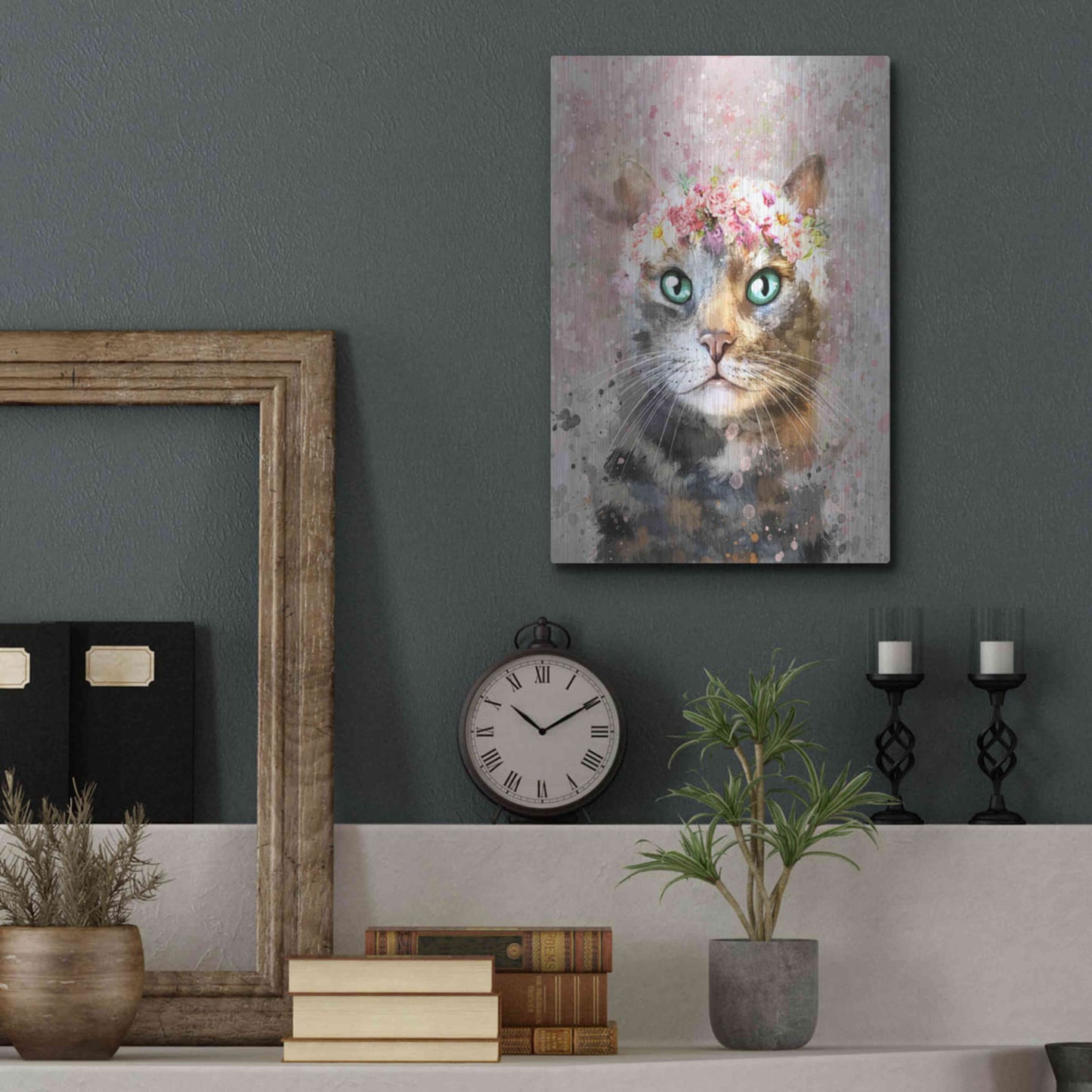 Luxe Metal Art 'Flower Crown Tabby Cat 3' by Furbaby Affiliates, Metal Wall Art,12x16