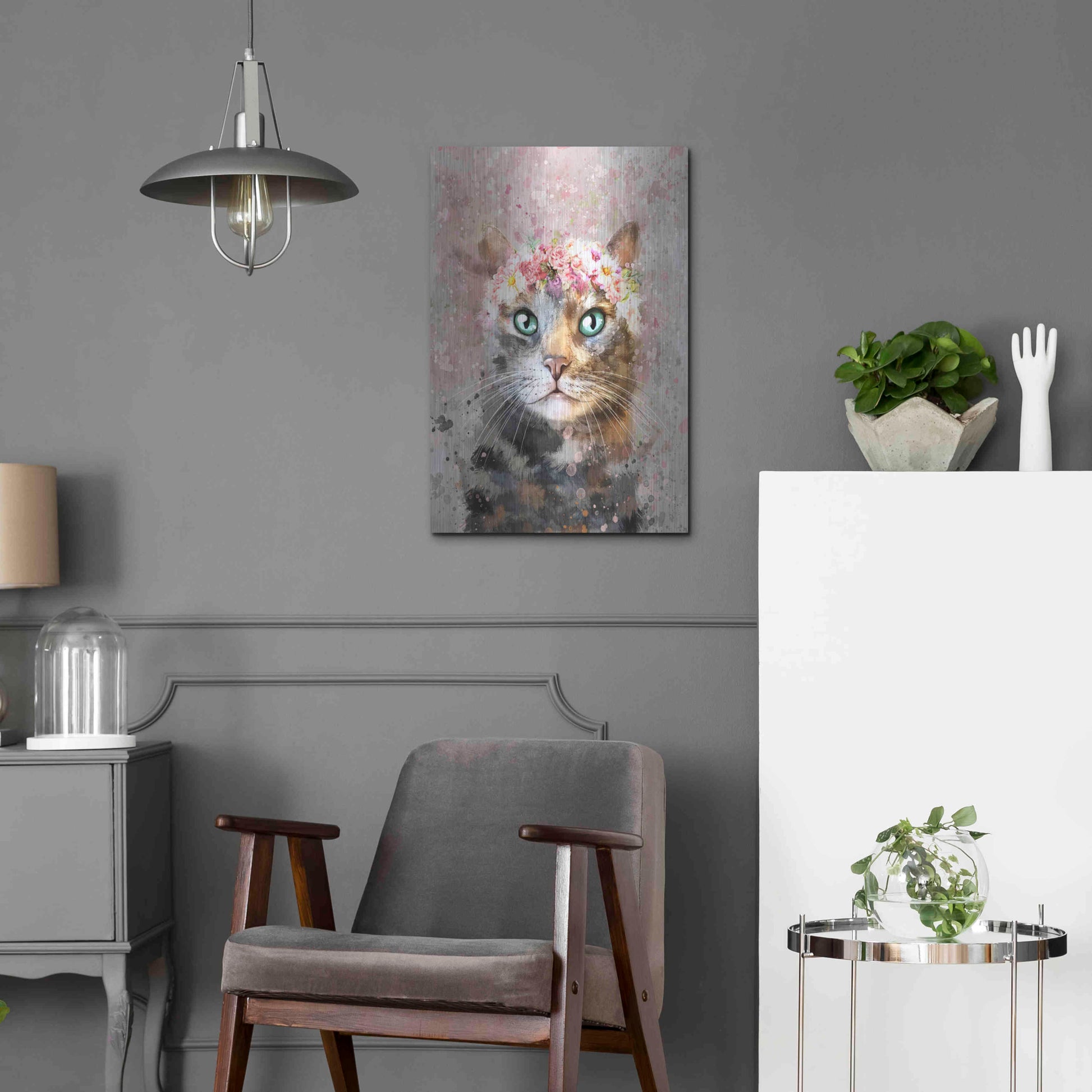 Luxe Metal Art 'Flower Crown Tabby Cat 3' by Furbaby Affiliates, Metal Wall Art,16x24