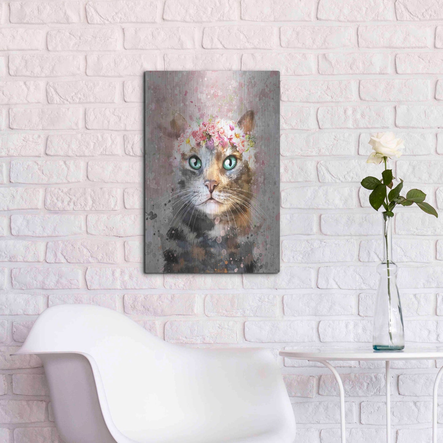 Luxe Metal Art 'Flower Crown Tabby Cat 3' by Furbaby Affiliates, Metal Wall Art,16x24