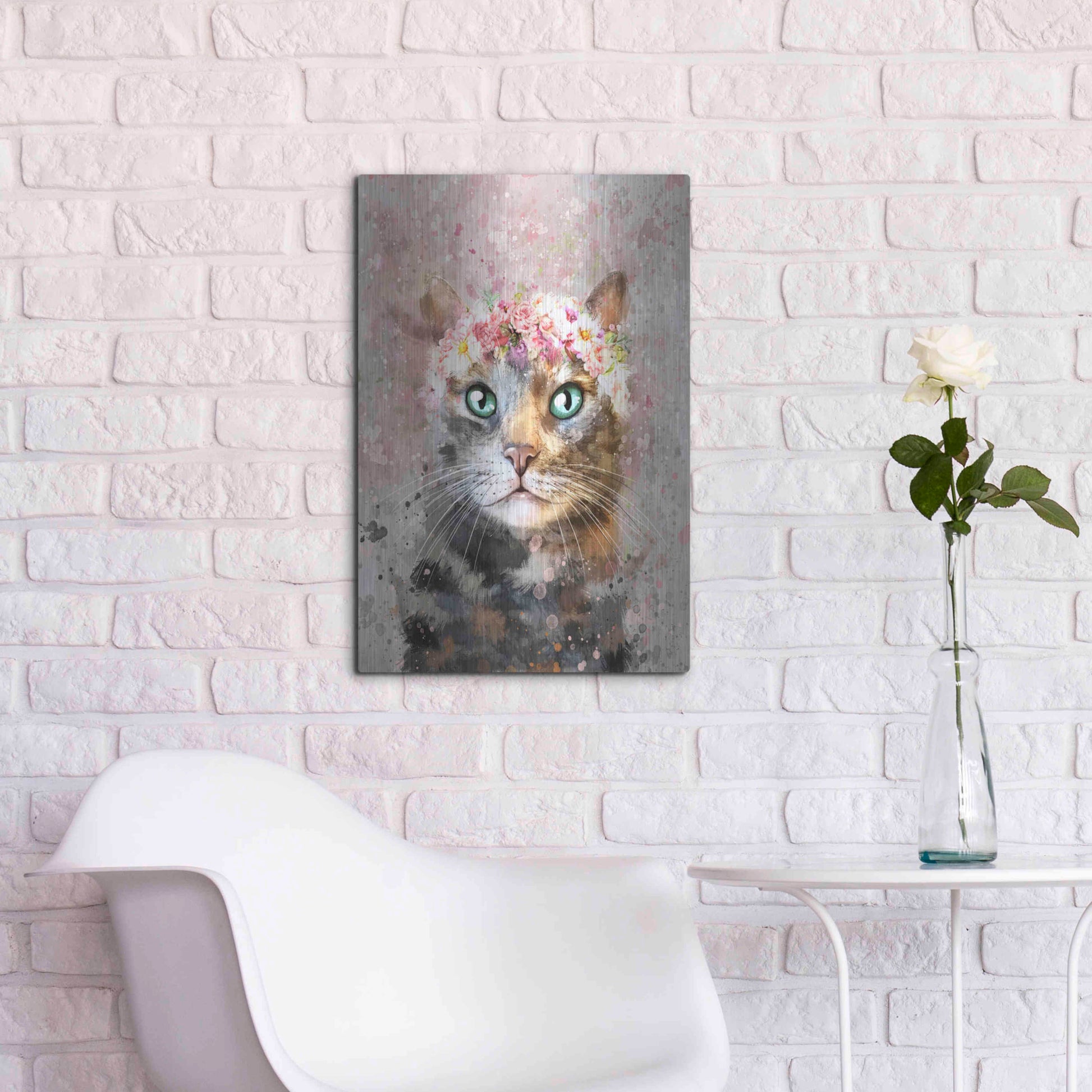 Luxe Metal Art 'Flower Crown Tabby Cat 3' by Furbaby Affiliates, Metal Wall Art,16x24