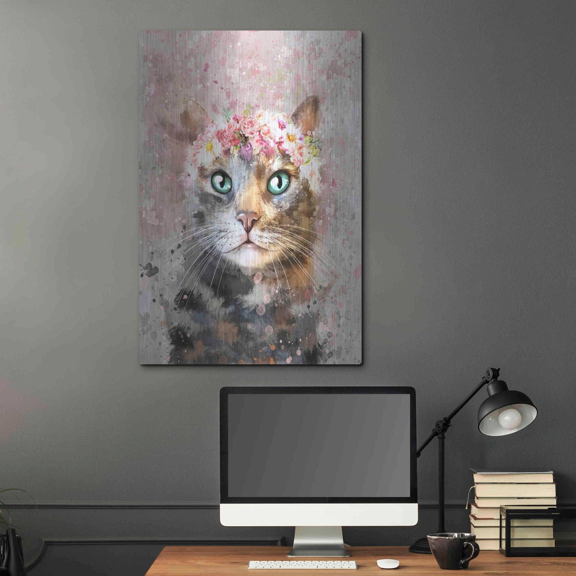 Luxe Metal Art 'Flower Crown Tabby Cat 3' by Furbaby Affiliates, Metal Wall Art,24x36