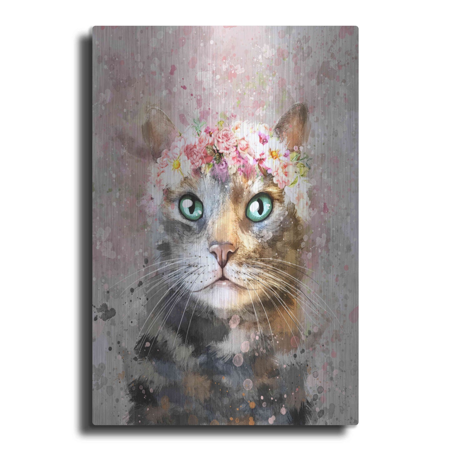 Luxe Metal Art 'Flower Crown Tabby Cat 3' by Furbaby Affiliates, Metal Wall Art