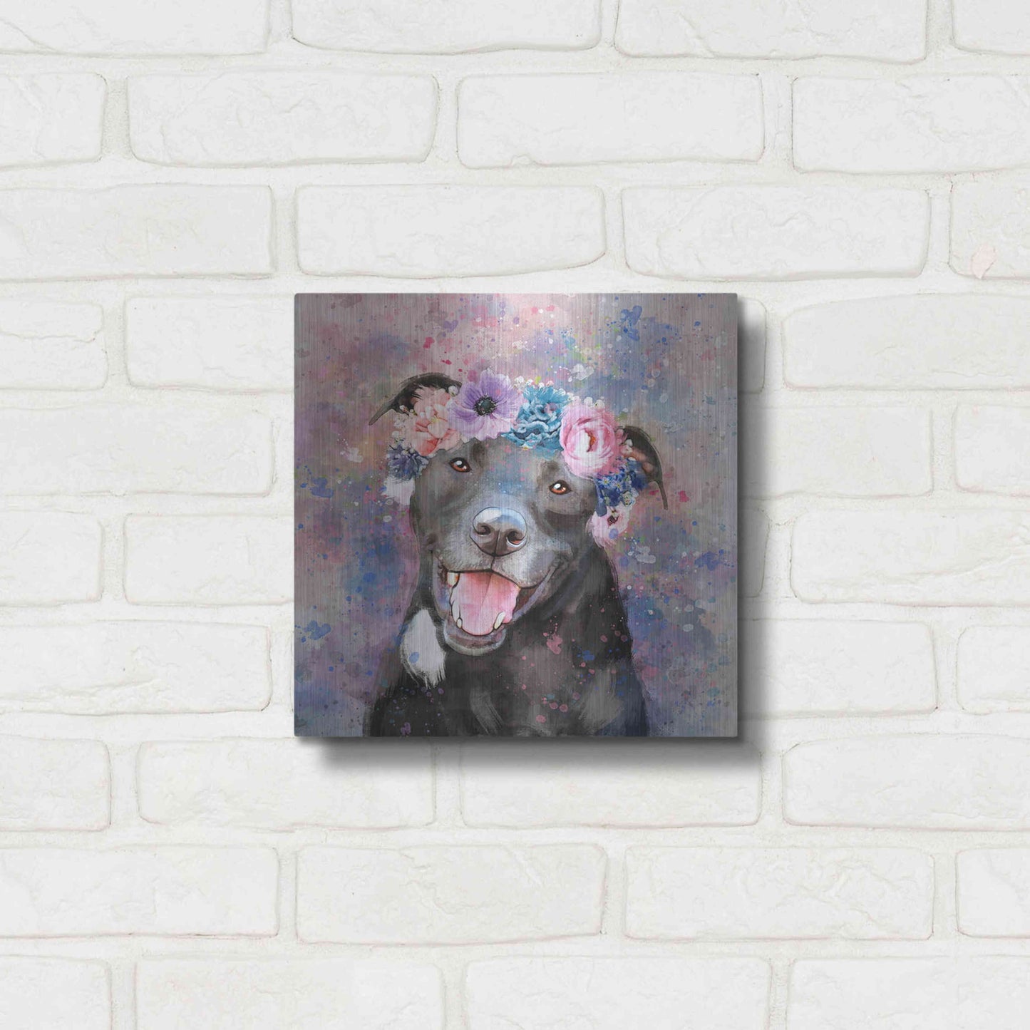 Luxe Metal Art 'Flower Crown Staffordshire Terrier' by Furbaby Affiliates, Metal Wall Art,12x12