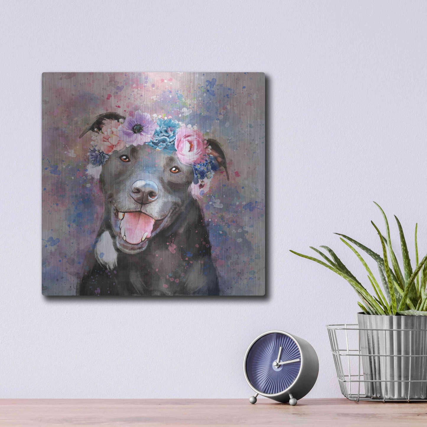 Luxe Metal Art 'Flower Crown Staffordshire Terrier' by Furbaby Affiliates, Metal Wall Art,12x12