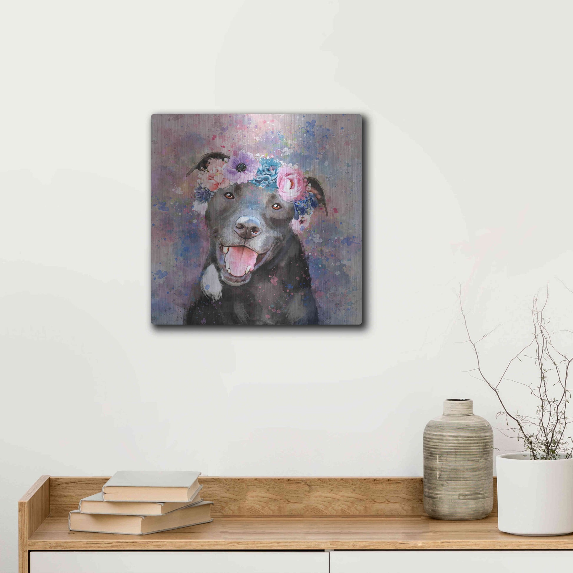 Luxe Metal Art 'Flower Crown Staffordshire Terrier' by Furbaby Affiliates, Metal Wall Art,12x12