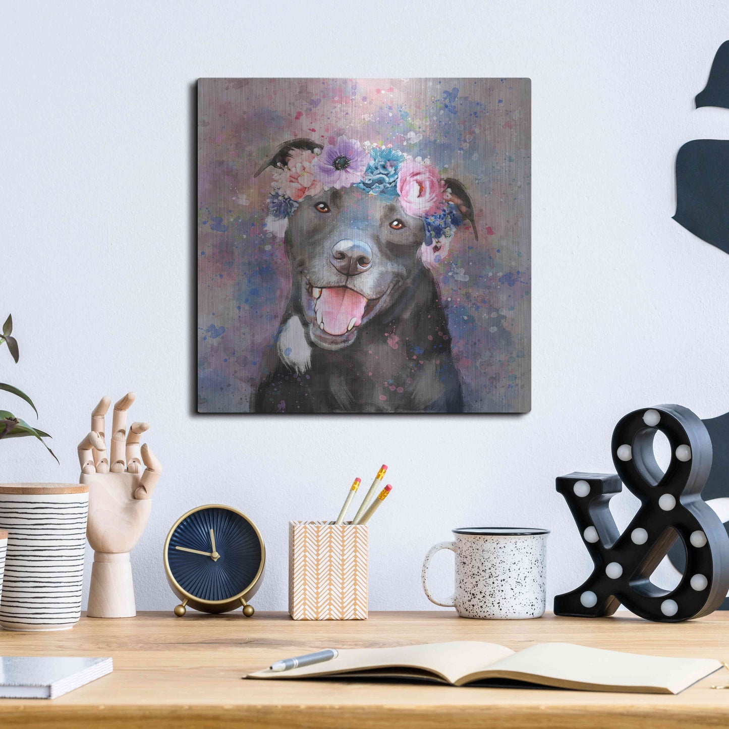 Luxe Metal Art 'Flower Crown Staffordshire Terrier' by Furbaby Affiliates, Metal Wall Art,12x12