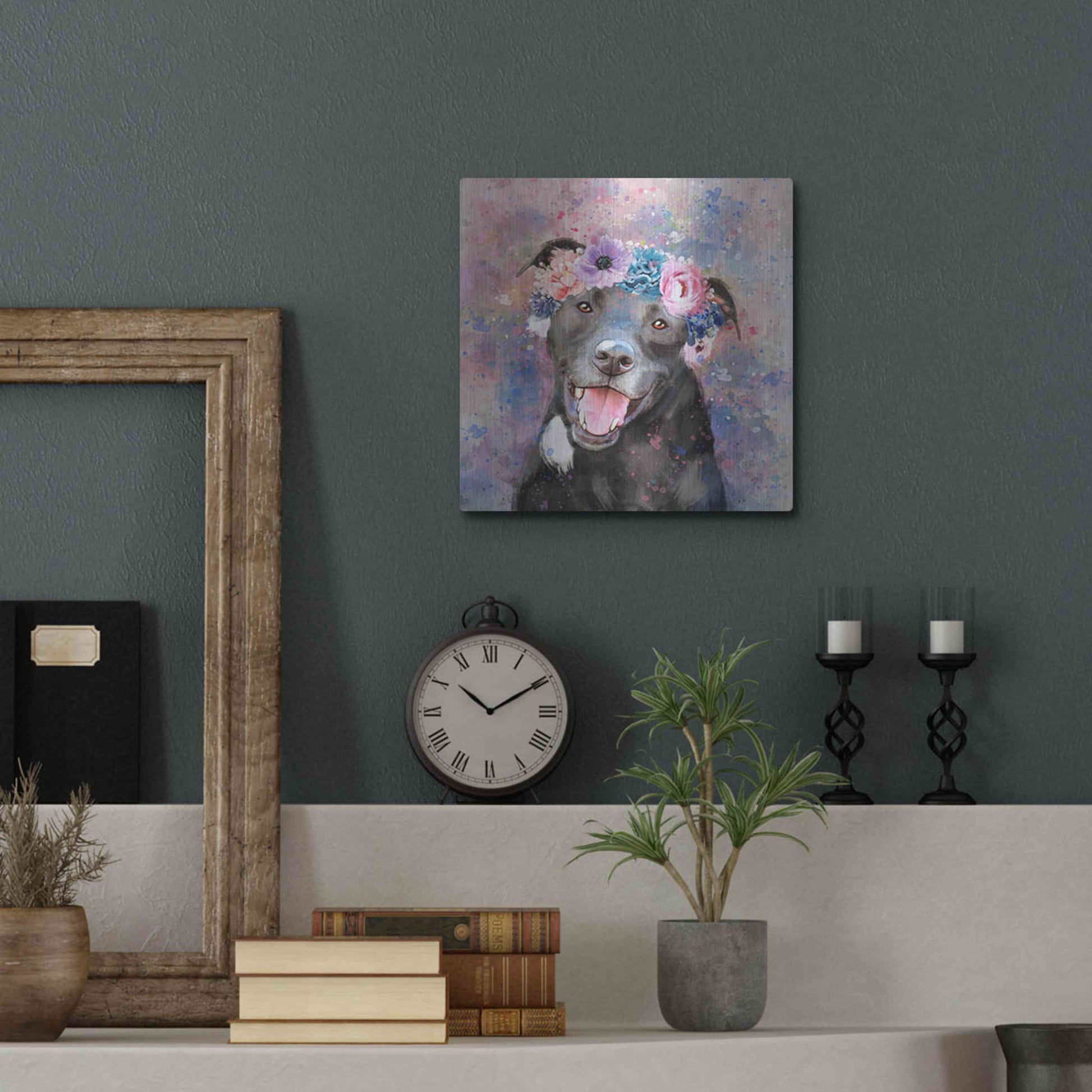 Luxe Metal Art 'Flower Crown Staffordshire Terrier' by Furbaby Affiliates, Metal Wall Art,12x12