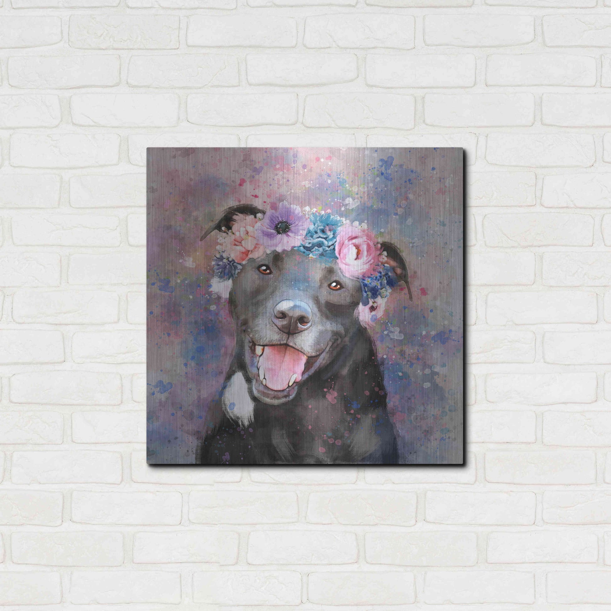 Luxe Metal Art 'Flower Crown Staffordshire Terrier' by Furbaby Affiliates, Metal Wall Art,24x24