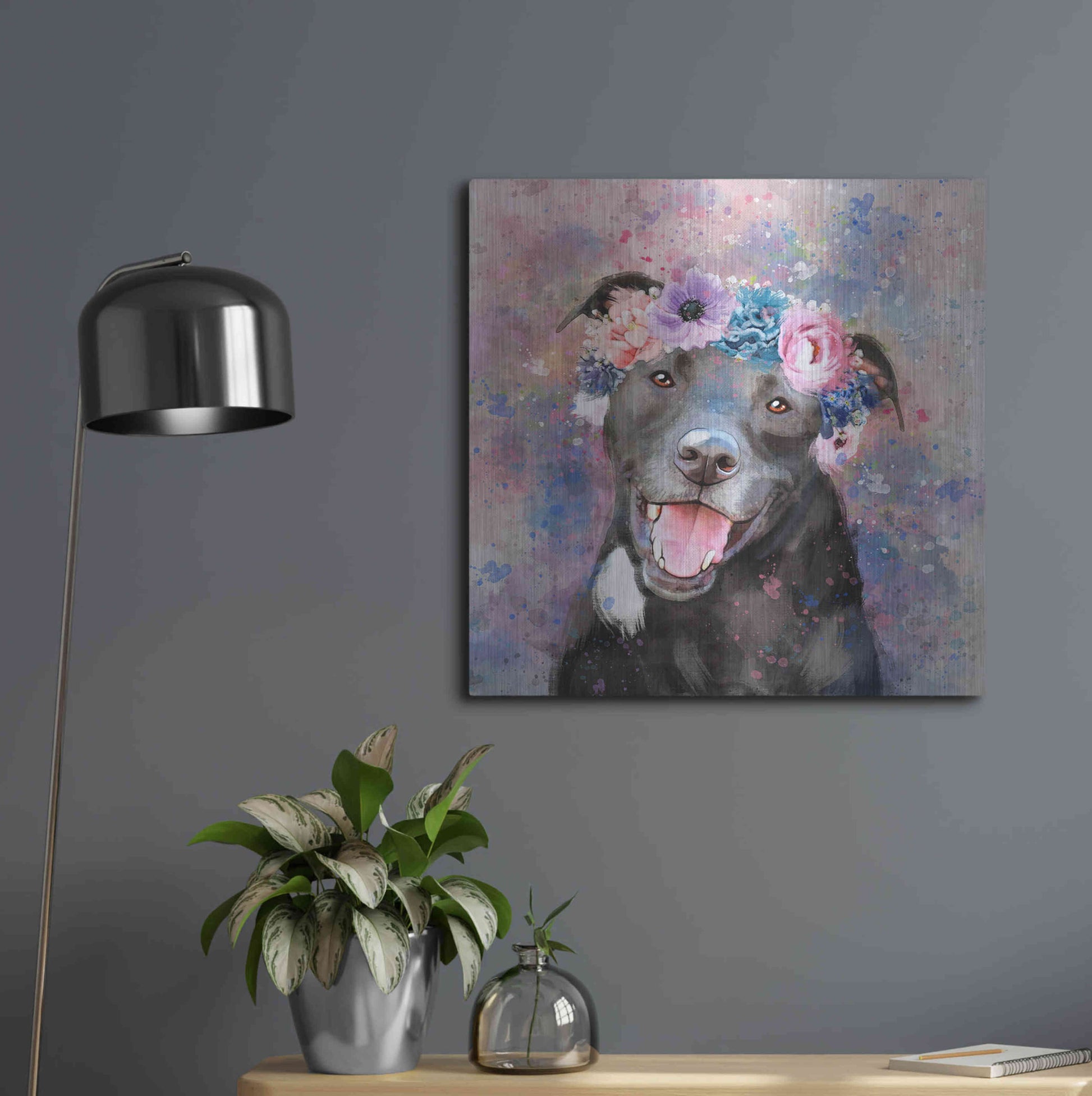 Luxe Metal Art 'Flower Crown Staffordshire Terrier' by Furbaby Affiliates, Metal Wall Art,24x24