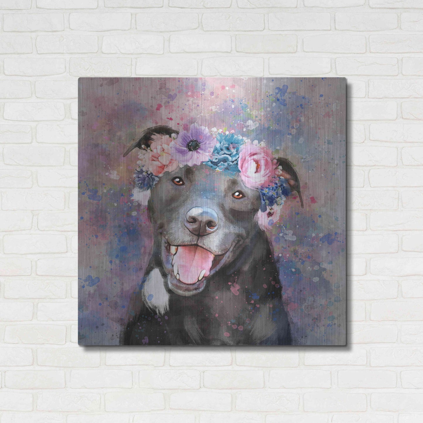 Luxe Metal Art 'Flower Crown Staffordshire Terrier' by Furbaby Affiliates, Metal Wall Art,36x36