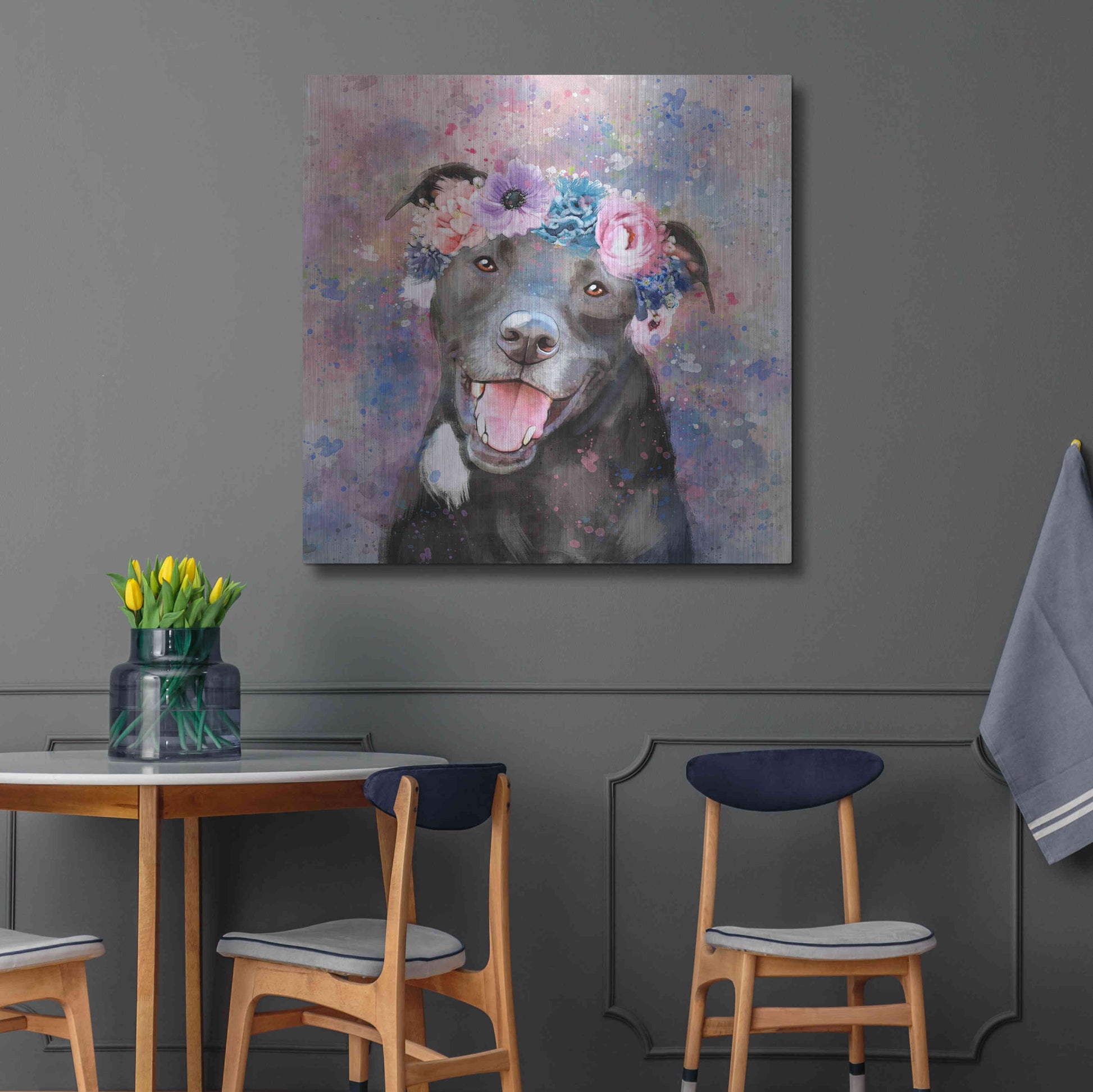 Luxe Metal Art 'Flower Crown Staffordshire Terrier' by Furbaby Affiliates, Metal Wall Art,36x36