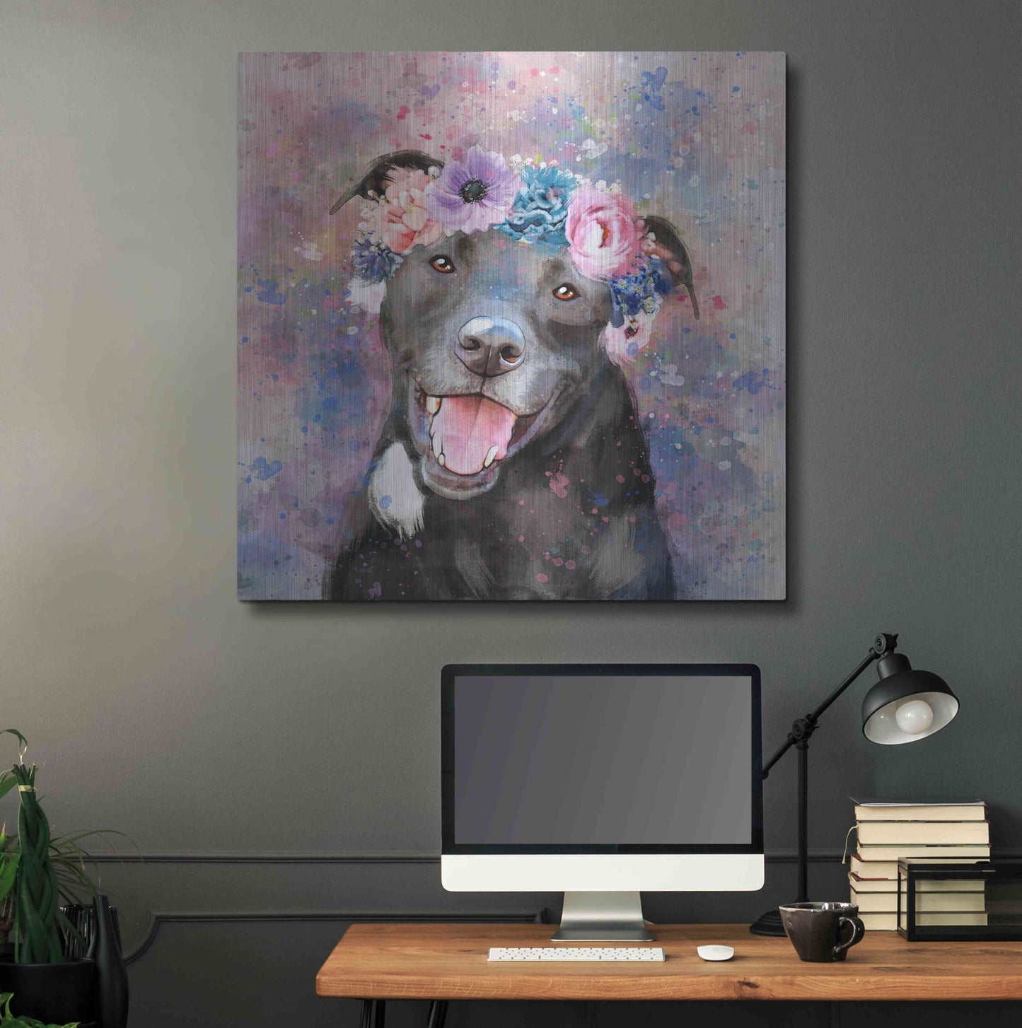 Luxe Metal Art 'Flower Crown Staffordshire Terrier' by Furbaby Affiliates, Metal Wall Art,36x36