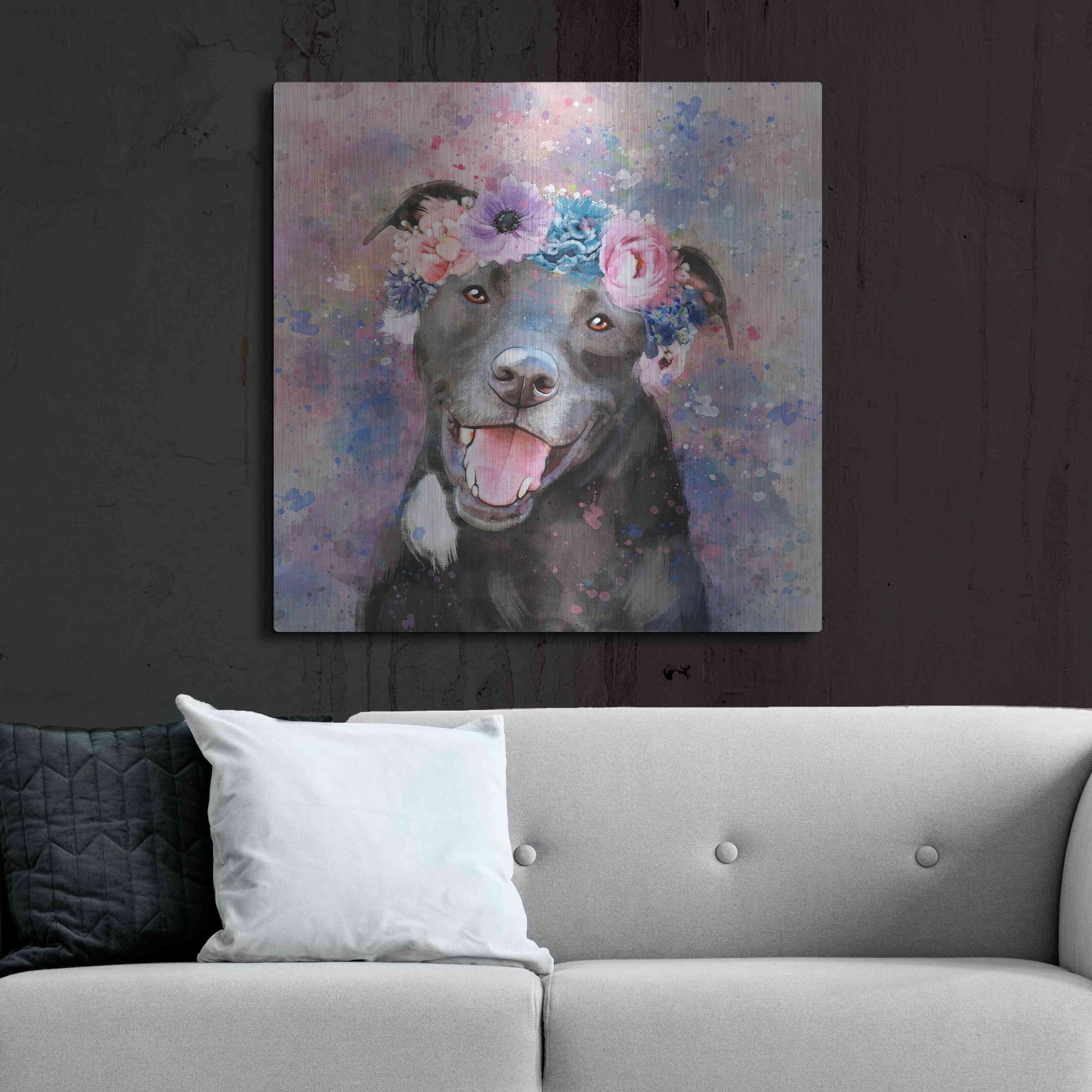 Luxe Metal Art 'Flower Crown Staffordshire Terrier' by Furbaby Affiliates, Metal Wall Art,36x36