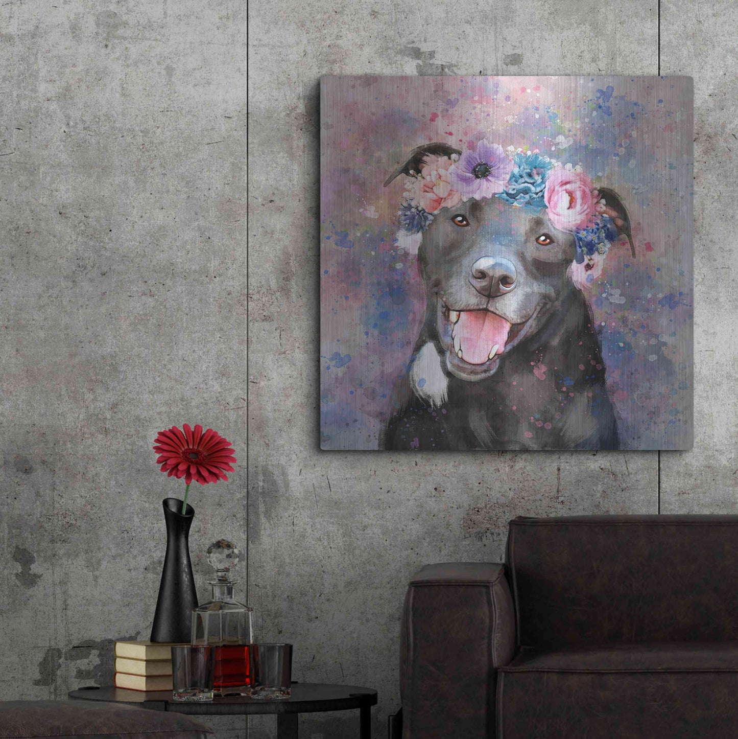 Luxe Metal Art 'Flower Crown Staffordshire Terrier' by Furbaby Affiliates, Metal Wall Art,36x36