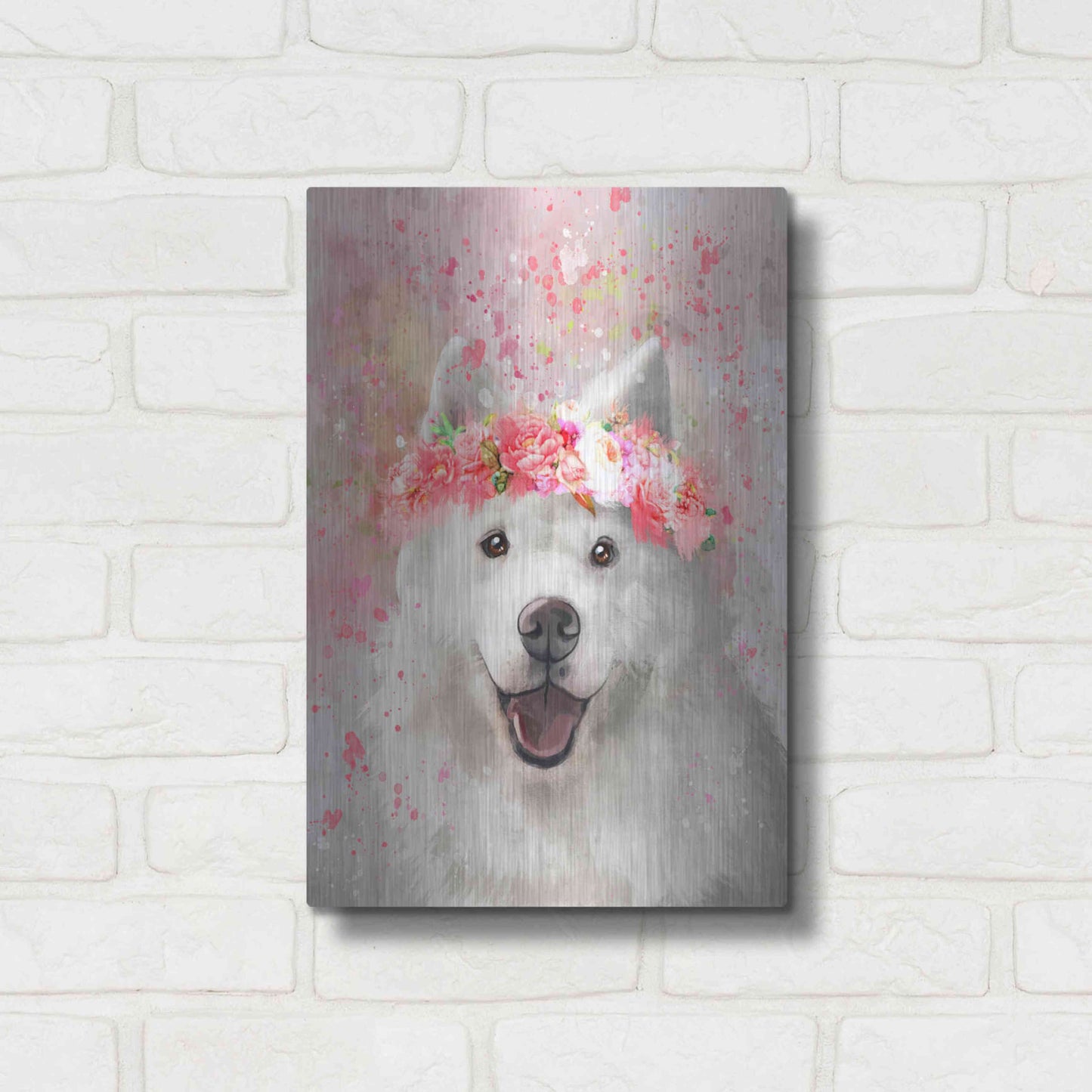 Luxe Metal Art 'Flower Crown Samoyed' by Furbaby Affiliates, Metal Wall Art,12x16