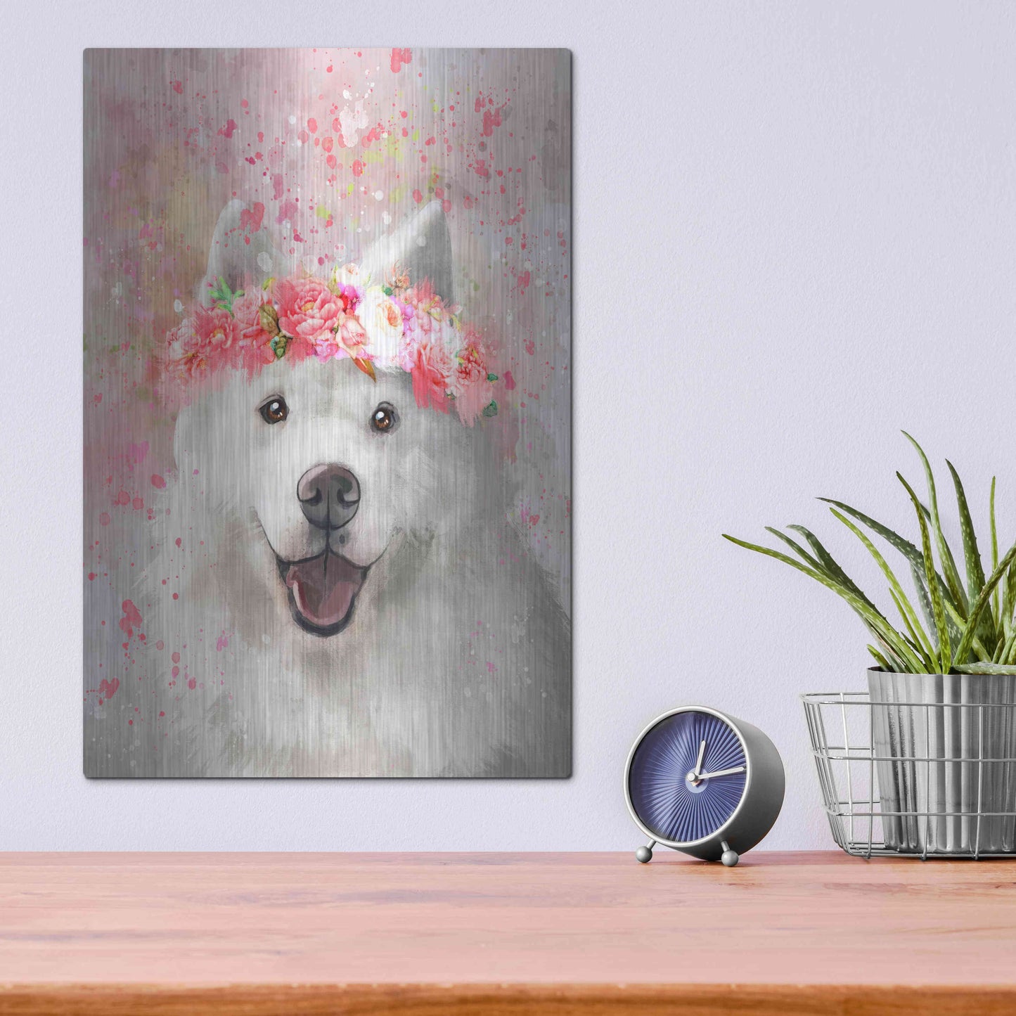 Luxe Metal Art 'Flower Crown Samoyed' by Furbaby Affiliates, Metal Wall Art,12x16