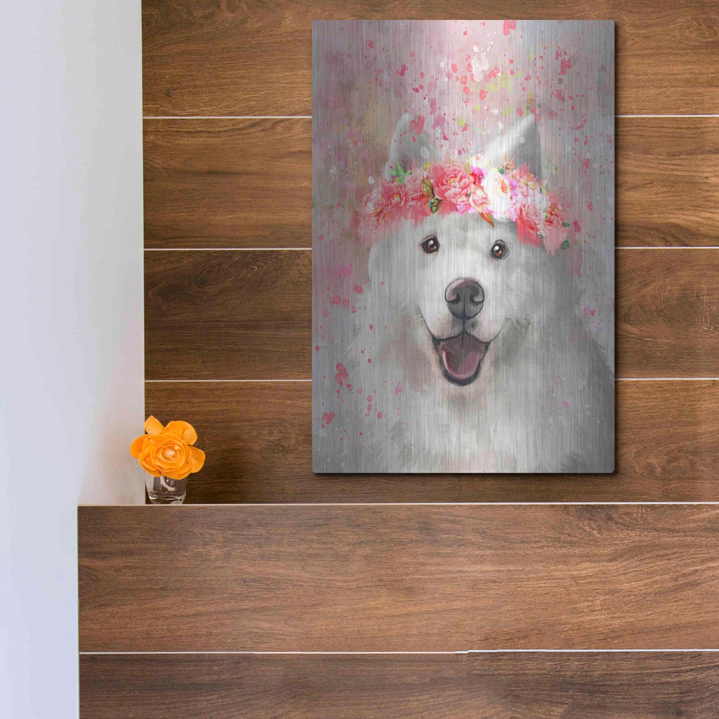 Luxe Metal Art 'Flower Crown Samoyed' by Furbaby Affiliates, Metal Wall Art,12x16