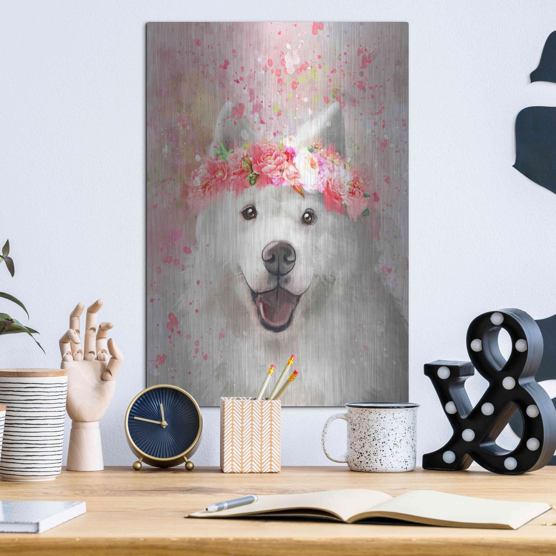 Luxe Metal Art 'Flower Crown Samoyed' by Furbaby Affiliates, Metal Wall Art,12x16