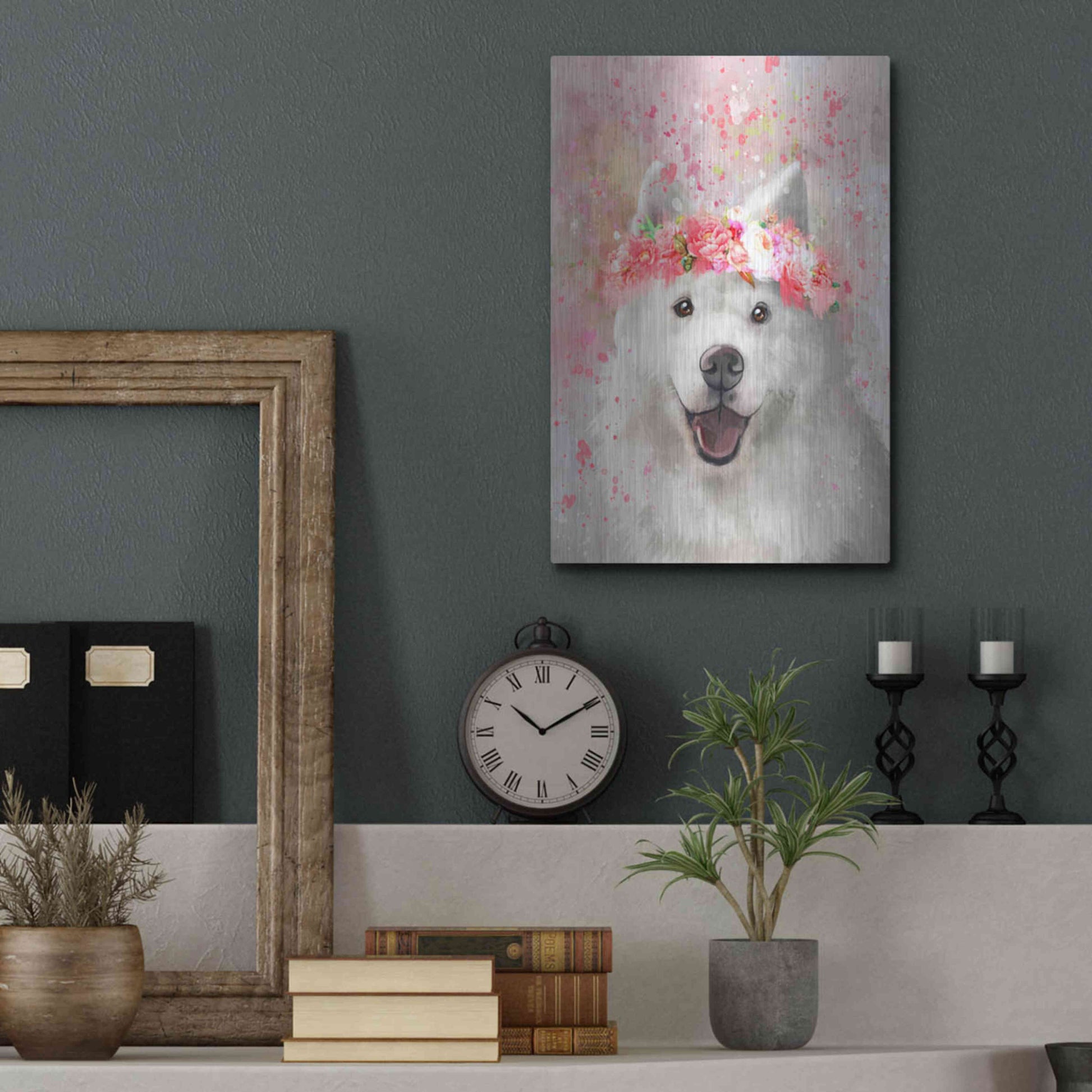 Luxe Metal Art 'Flower Crown Samoyed' by Furbaby Affiliates, Metal Wall Art,12x16