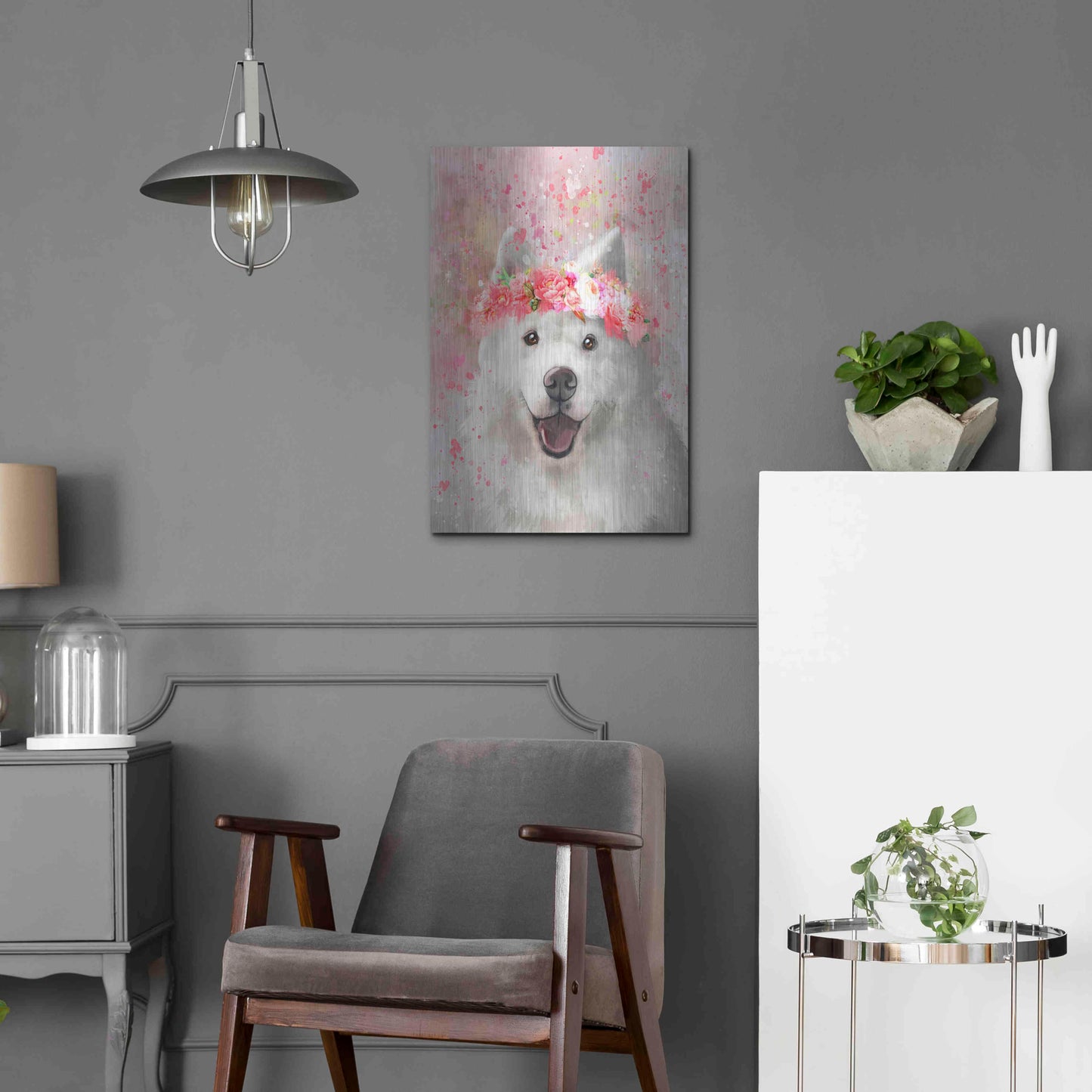 Luxe Metal Art 'Flower Crown Samoyed' by Furbaby Affiliates, Metal Wall Art,16x24