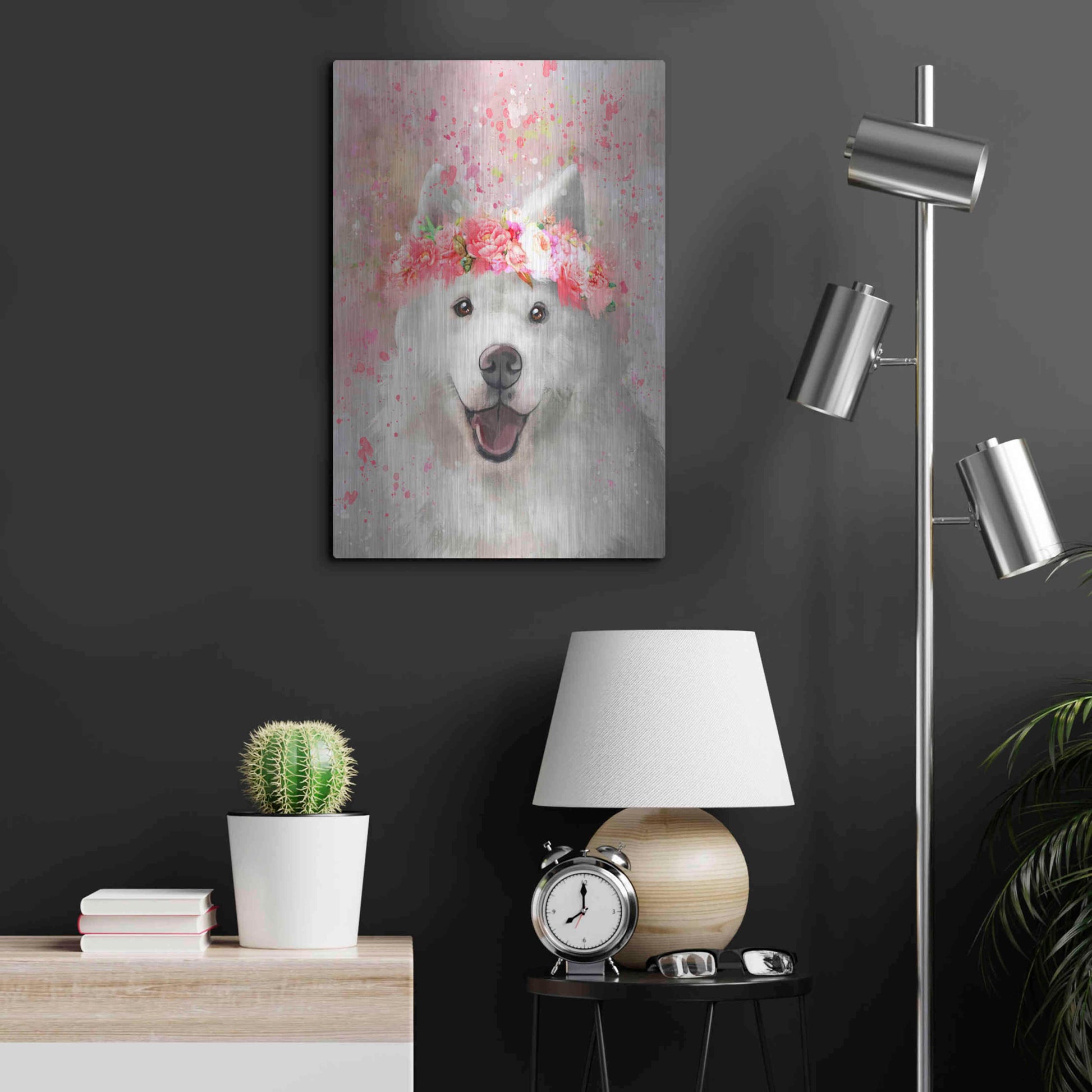 Luxe Metal Art 'Flower Crown Samoyed' by Furbaby Affiliates, Metal Wall Art,16x24