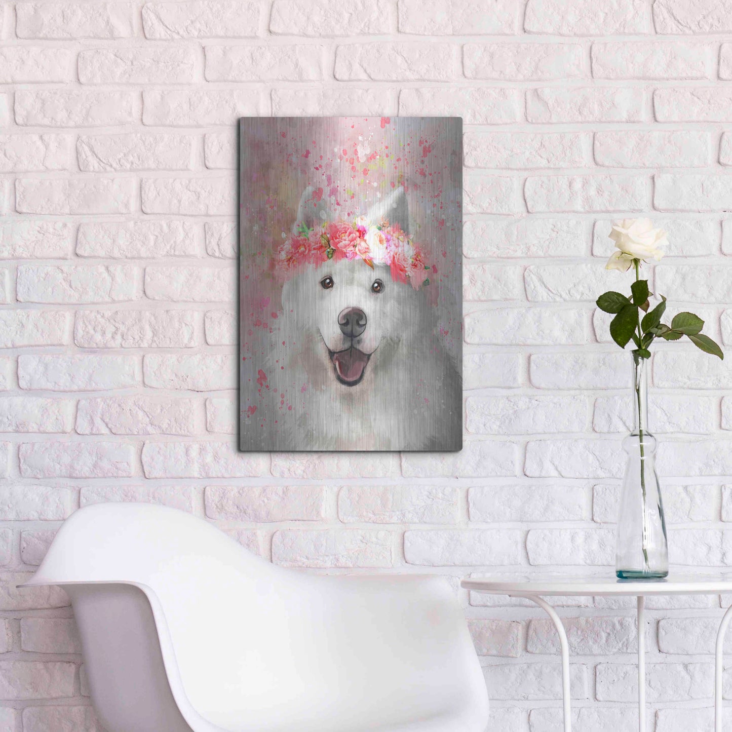 Luxe Metal Art 'Flower Crown Samoyed' by Furbaby Affiliates, Metal Wall Art,16x24