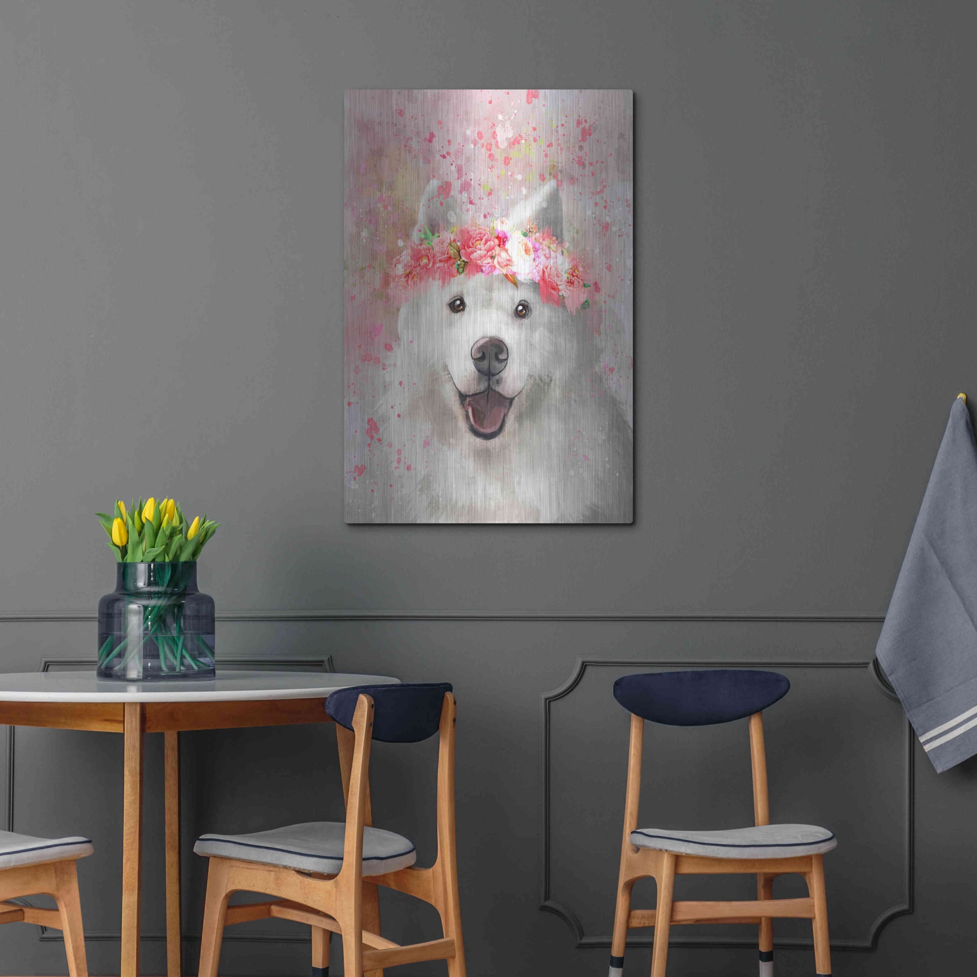 Luxe Metal Art 'Flower Crown Samoyed' by Furbaby Affiliates, Metal Wall Art,24x36