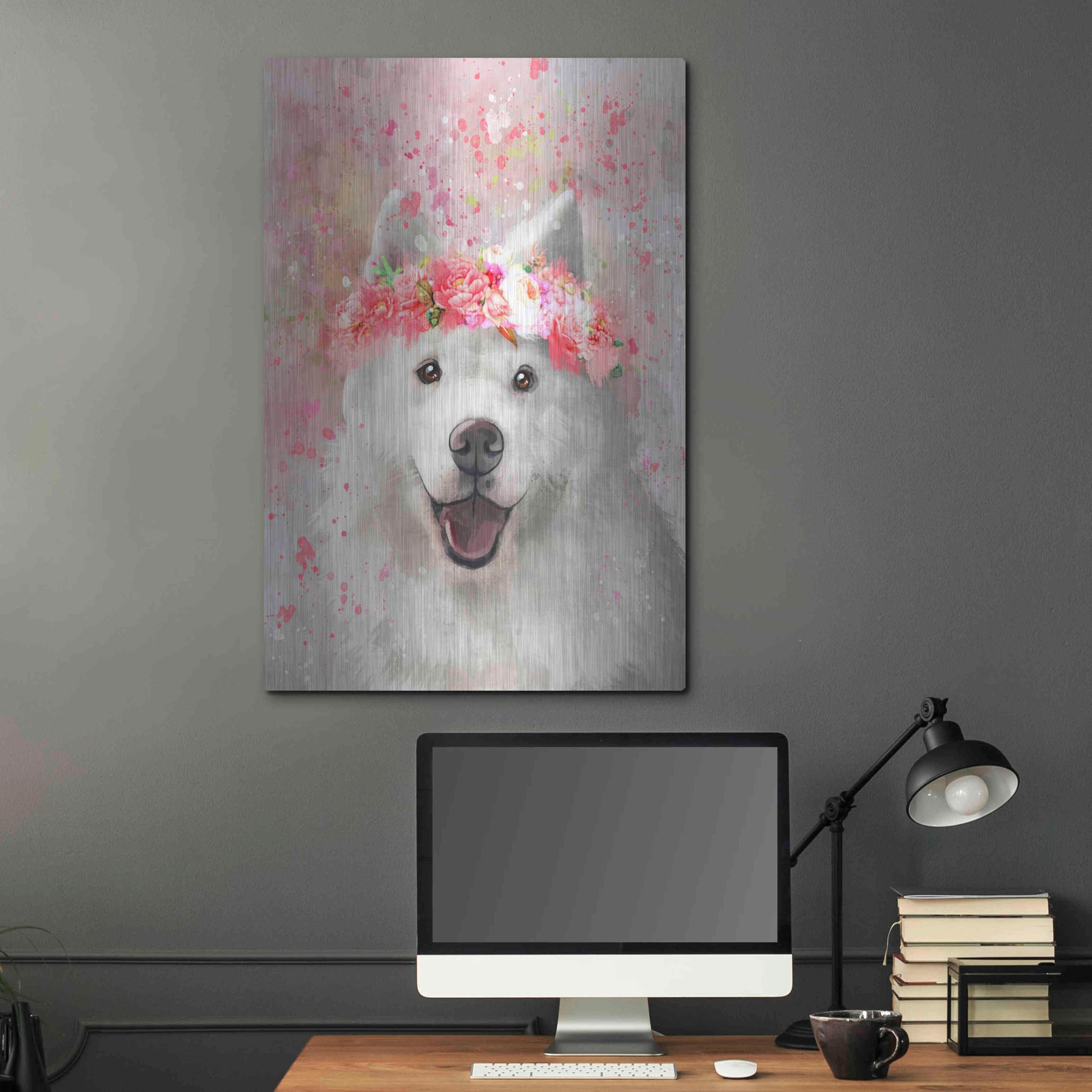 Luxe Metal Art 'Flower Crown Samoyed' by Furbaby Affiliates, Metal Wall Art,24x36