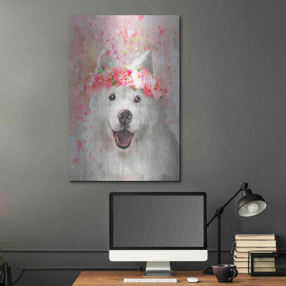 Luxe Metal Art 'Flower Crown Samoyed' by Furbaby Affiliates, Metal Wall Art,24x36