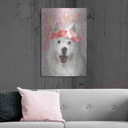 Luxe Metal Art 'Flower Crown Samoyed' by Furbaby Affiliates, Metal Wall Art,24x36
