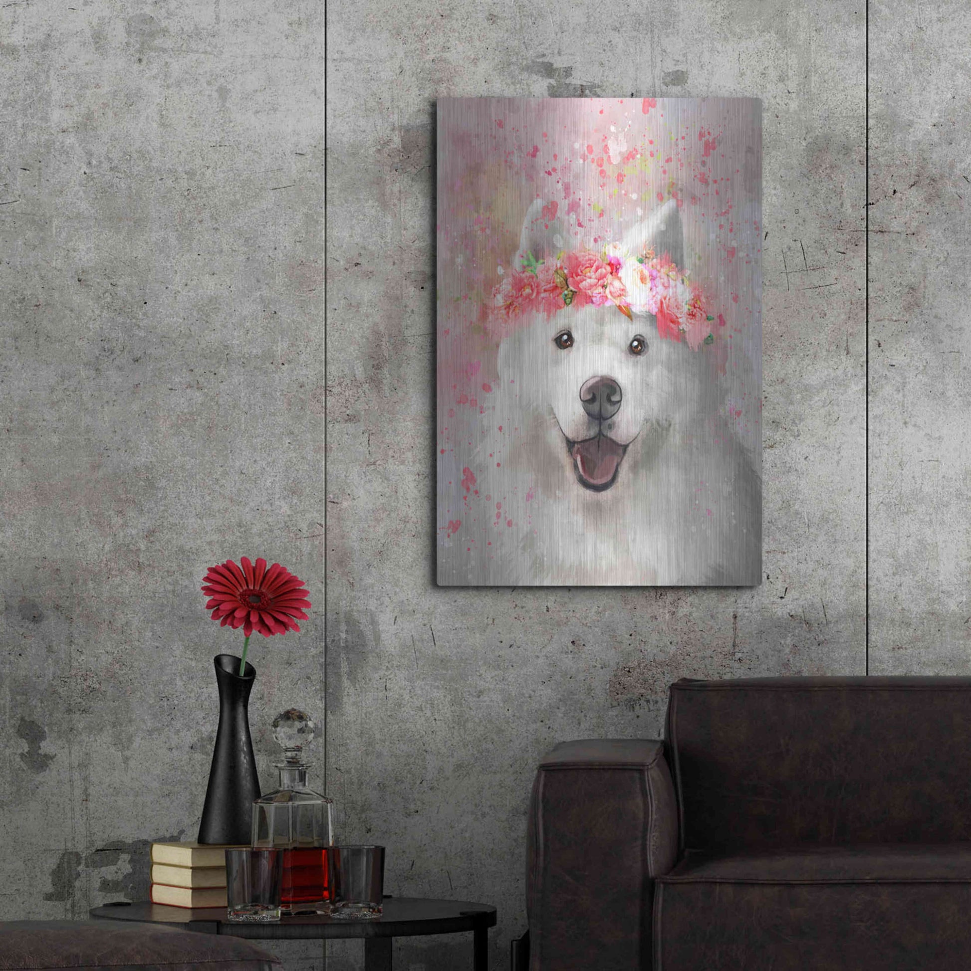 Luxe Metal Art 'Flower Crown Samoyed' by Furbaby Affiliates, Metal Wall Art,24x36