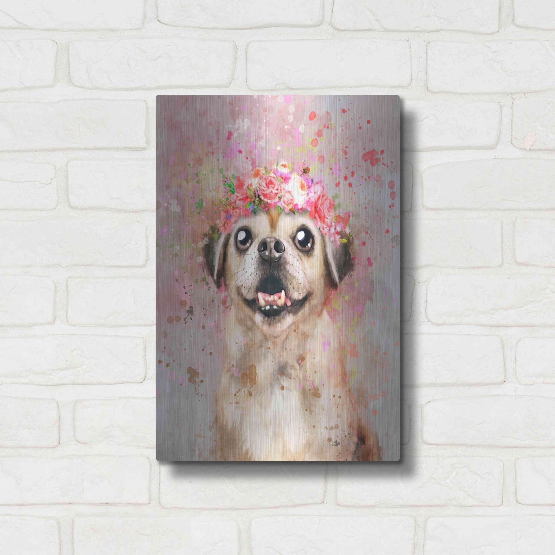 Luxe Metal Art 'Flower Crown Puggle' by Furbaby Affiliates, Metal Wall Art,12x16