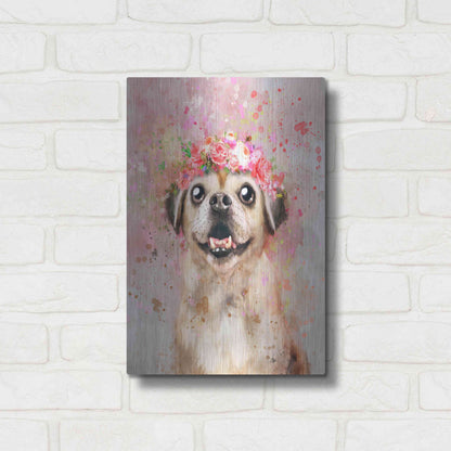Luxe Metal Art 'Flower Crown Puggle' by Furbaby Affiliates, Metal Wall Art,12x16