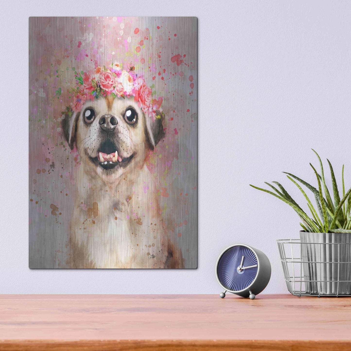 Luxe Metal Art 'Flower Crown Puggle' by Furbaby Affiliates, Metal Wall Art,12x16