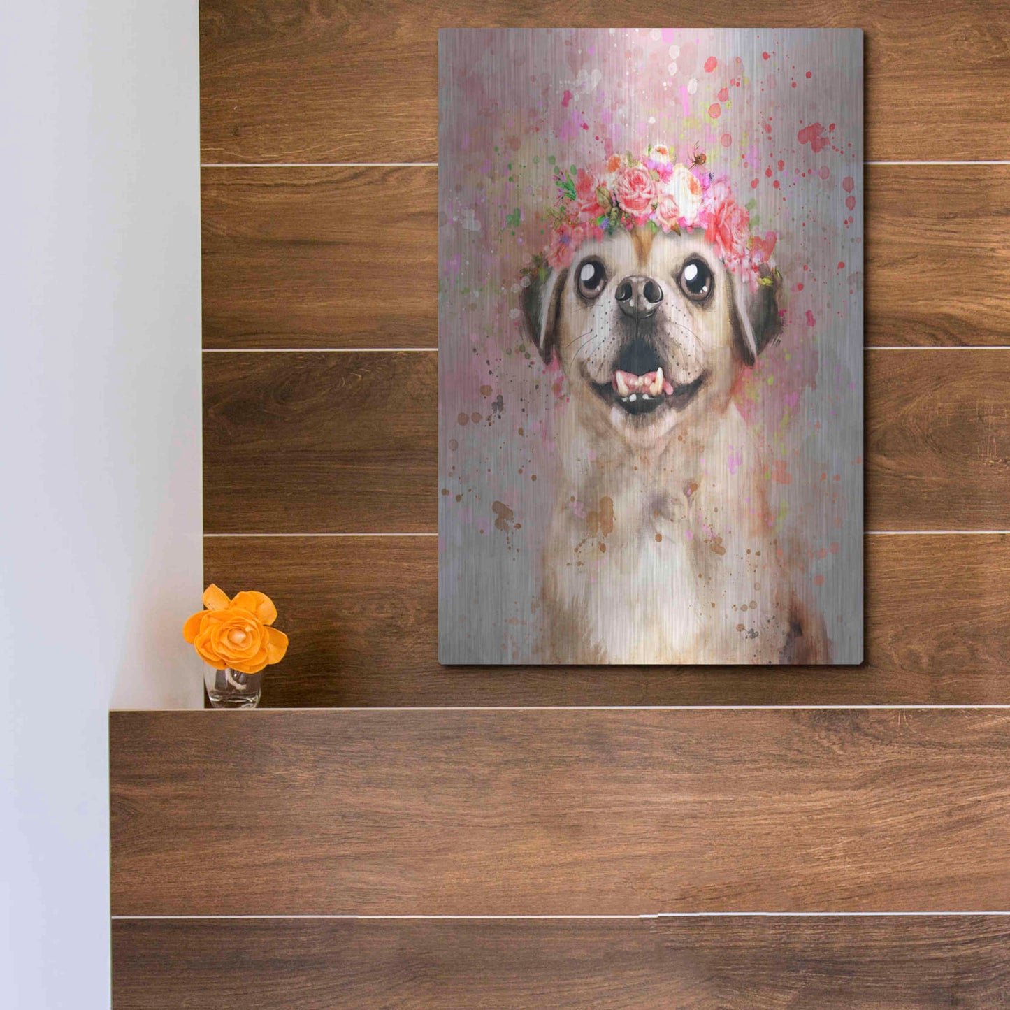 Luxe Metal Art 'Flower Crown Puggle' by Furbaby Affiliates, Metal Wall Art,12x16