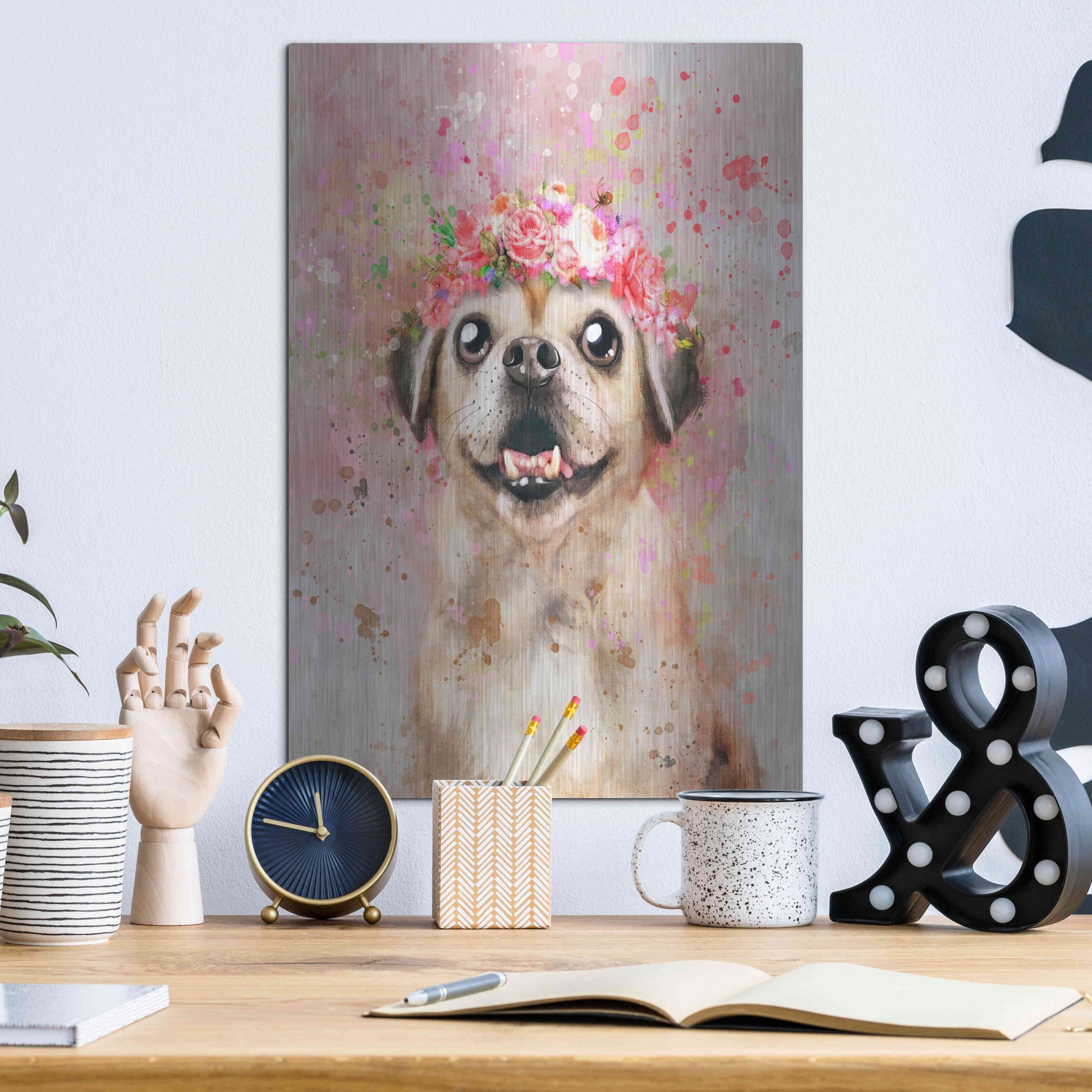 Luxe Metal Art 'Flower Crown Puggle' by Furbaby Affiliates, Metal Wall Art,12x16
