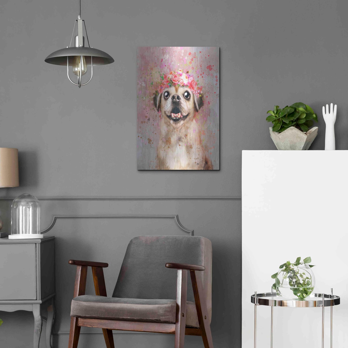 Luxe Metal Art 'Flower Crown Puggle' by Furbaby Affiliates, Metal Wall Art,16x24