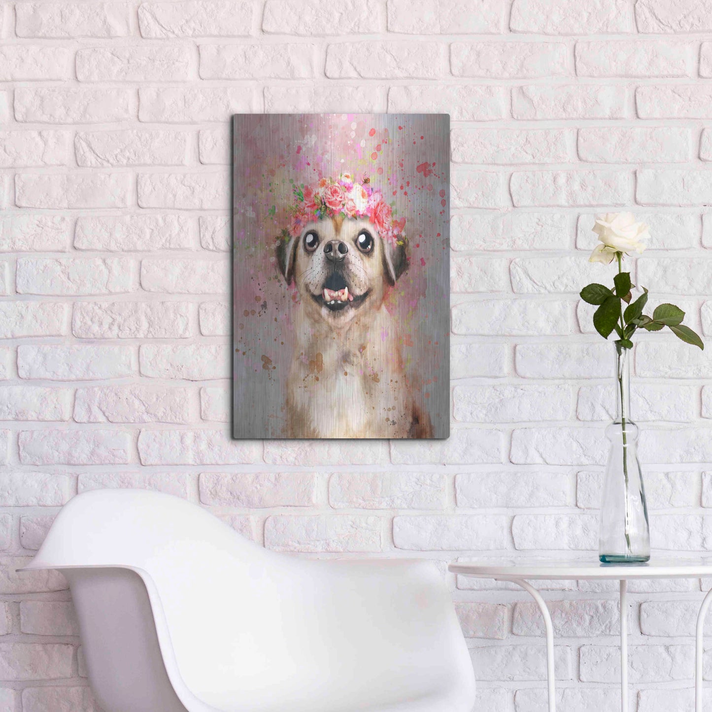 Luxe Metal Art 'Flower Crown Puggle' by Furbaby Affiliates, Metal Wall Art,16x24