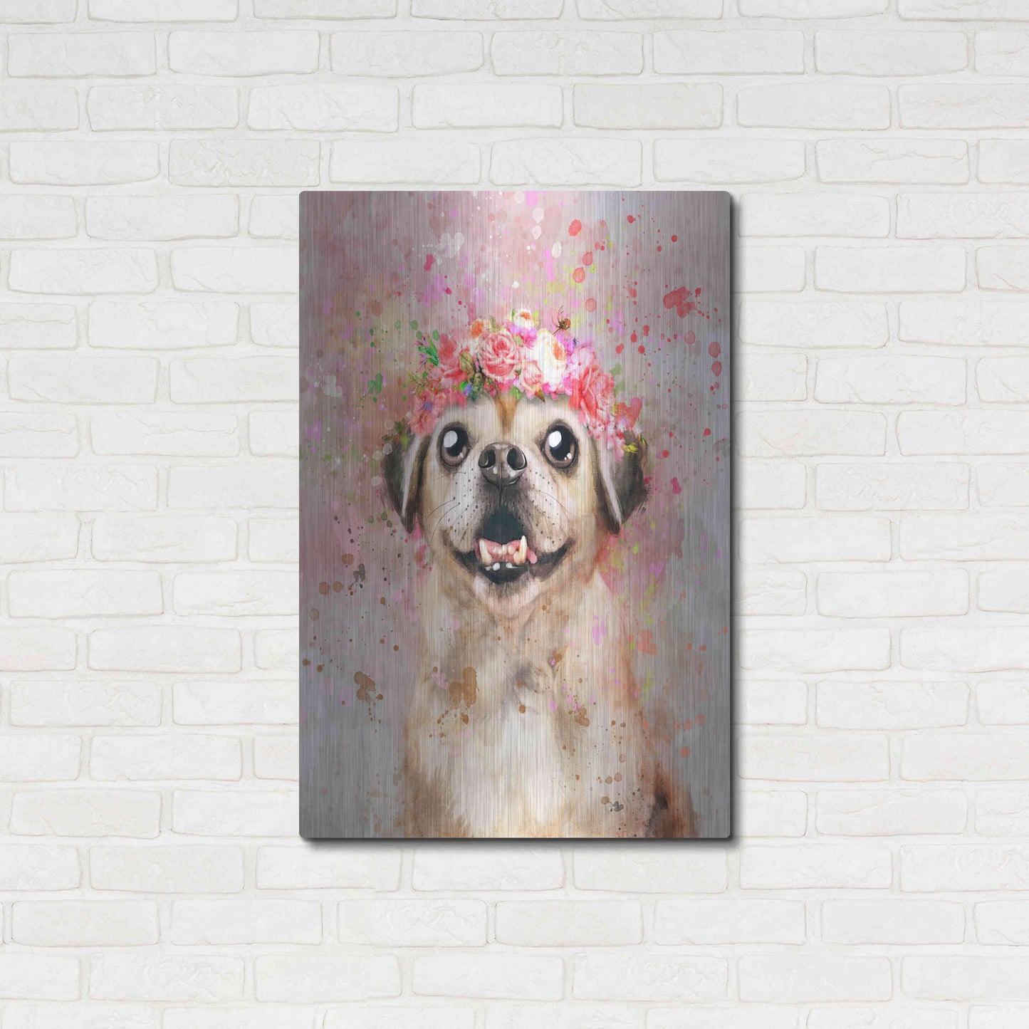 Luxe Metal Art 'Flower Crown Puggle' by Furbaby Affiliates, Metal Wall Art,24x36