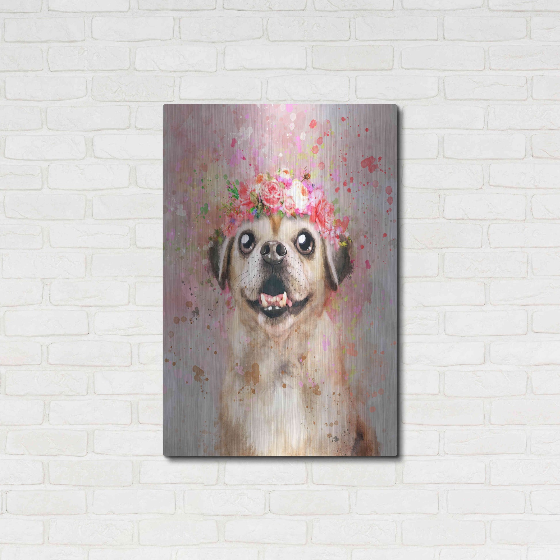 Luxe Metal Art 'Flower Crown Puggle' by Furbaby Affiliates, Metal Wall Art,24x36